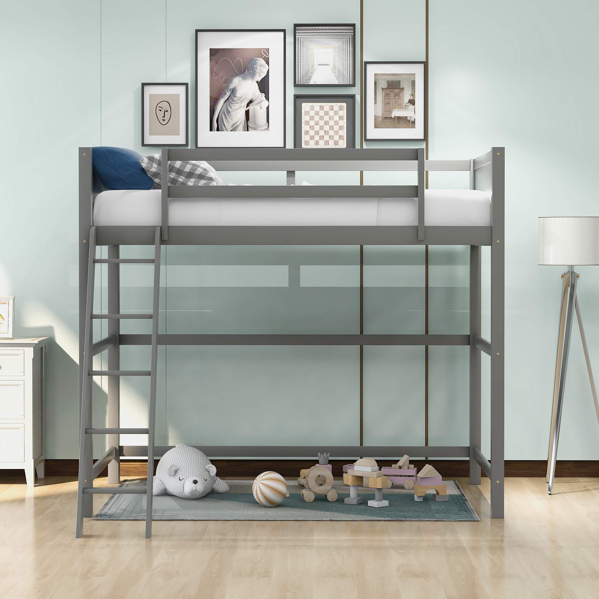 Knocbel Twin Size Loft Bed Frame - Sturdy Wood Platform with Wooden Slats, Safety Guard Rail & Angled Ladder - Space Saving Gray Bed for Kids, Teens & Small Rooms | Perfect for Dorm, Apartment & Studio Living