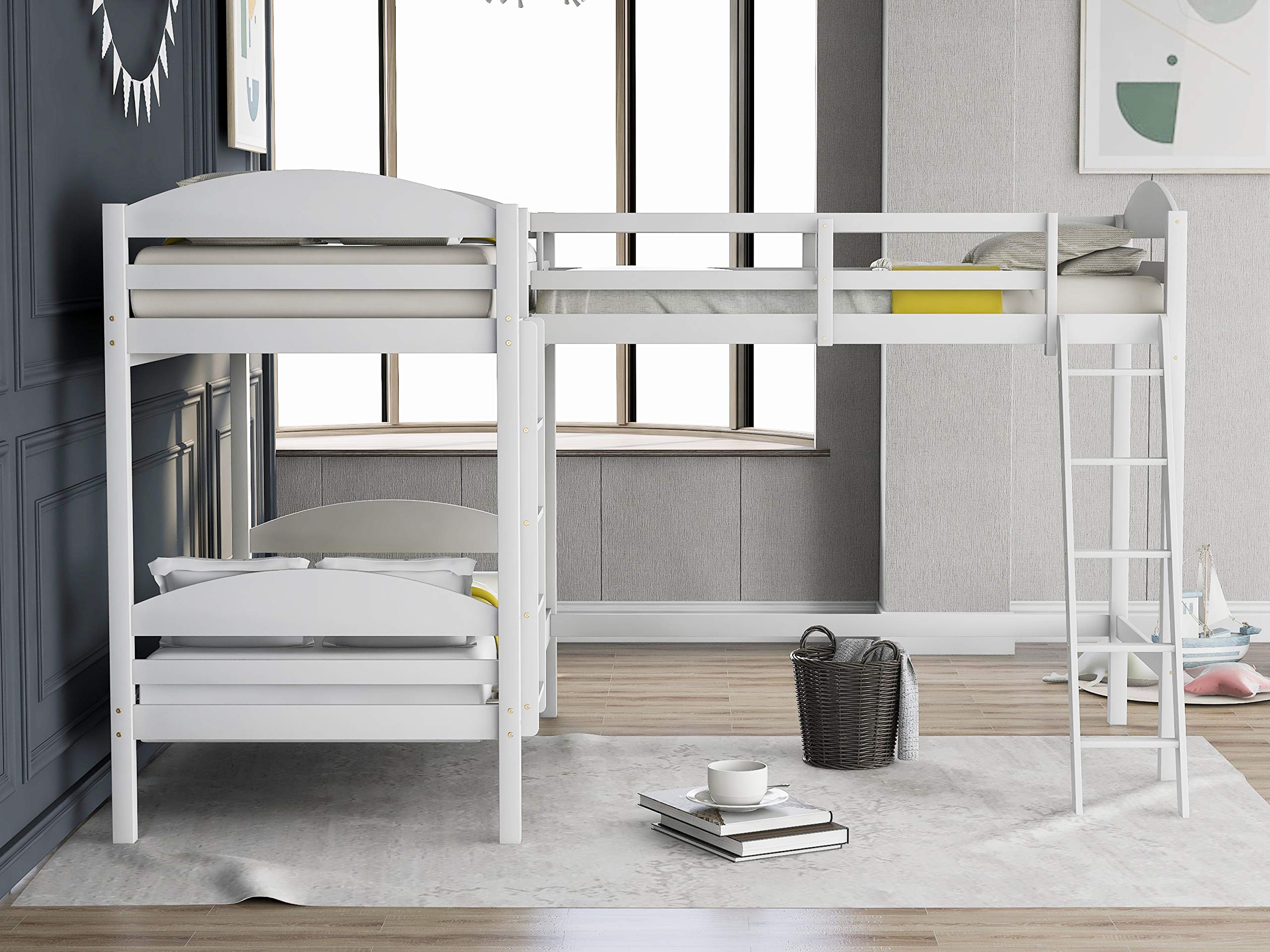 Merax Twin Over Twin L-Shaped Bunk Bed with Loft - Solid Pine Wood Bunk Bed for Kids, Teens & Adults - Space-Saving Gray Bunk Bed for Small Rooms - No Box Spring Needed - Perfect for Dorm, Bedroom & Guest Room