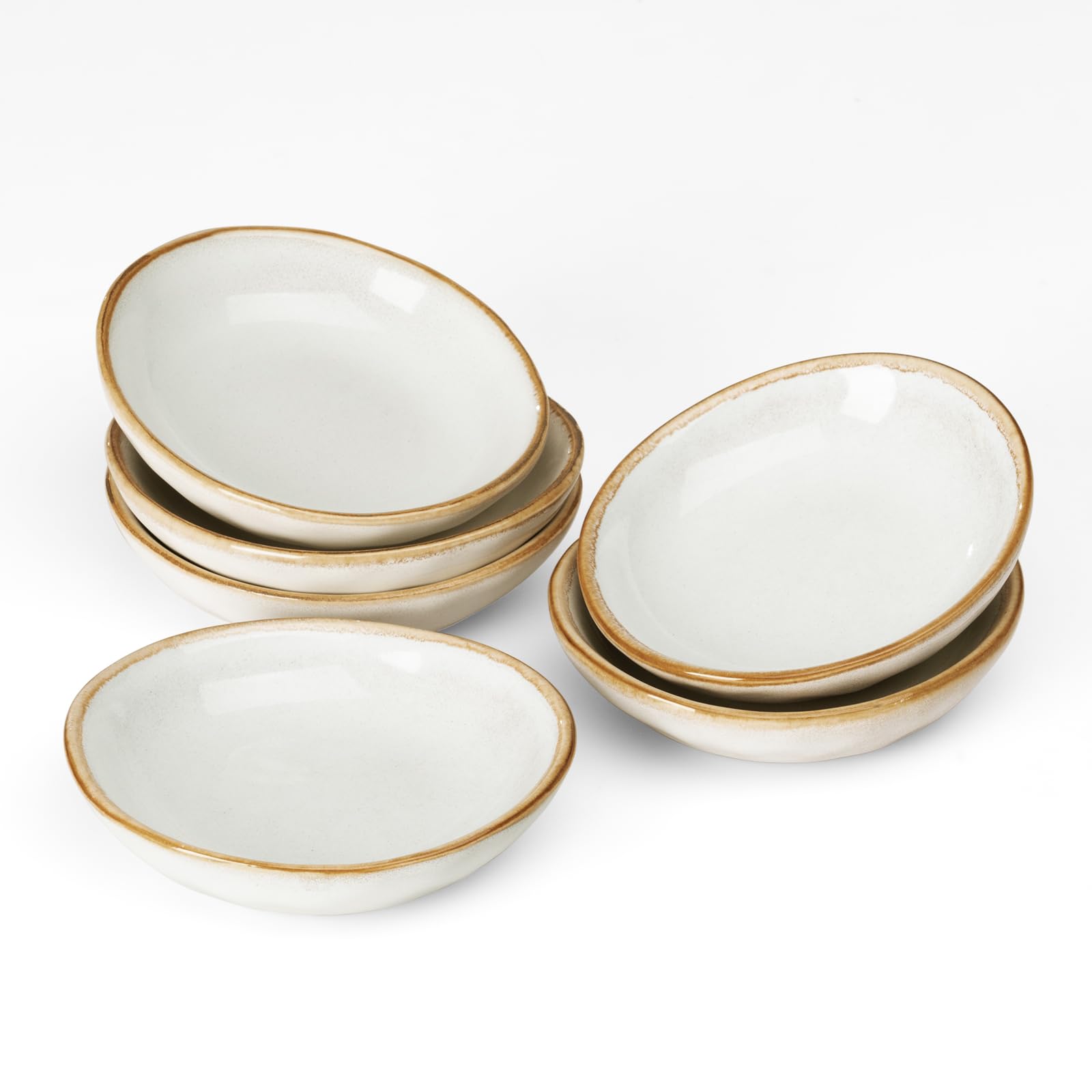 Famiware 6-Piece Oval Ceramic Soy Sauce Dishes - 2.1oz Small Dipping Bowls for Sushi, Appetizers, Snacks | Reactive Glaze Cappuccino White | Perfect for Japanese Restaurants, Home Kitchens & Party Serving