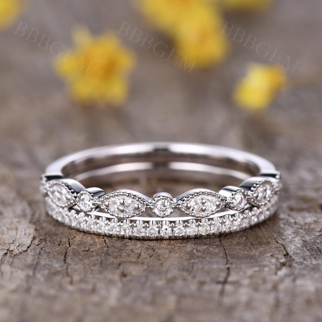2pcs 14K Rose Gold Diamond Matching Band Set - Milgrain Wedding Ring, Art Deco Marquise Half Eternity Ring with Pave Setting - Perfect for Anniversaries, Engagements & Bridal Jewelry Gifts