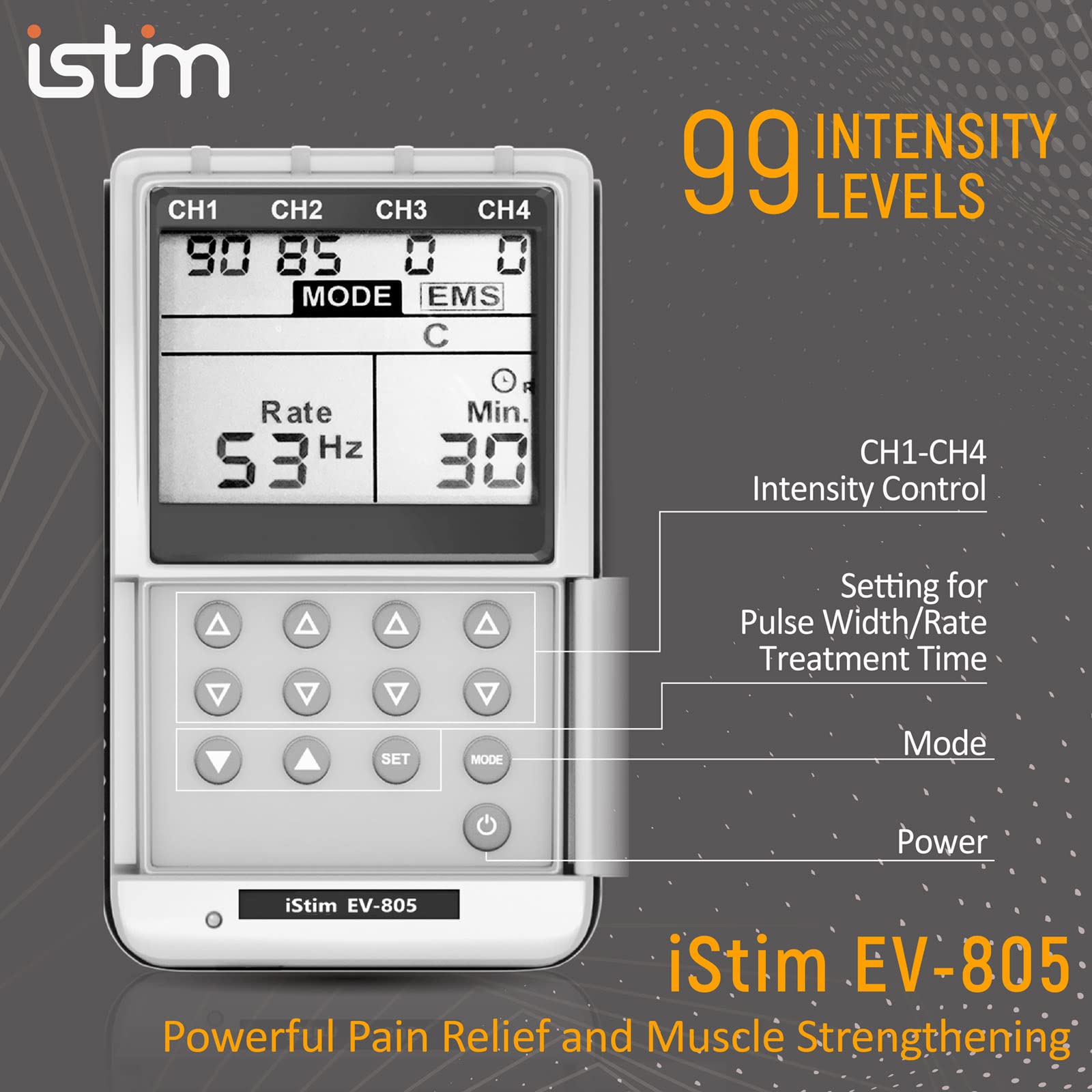 iSTIM EV-805 TENS EMS 4 Channel Rechargeable Muscle Stimulator - 24 Programs with Backlit Display for Pain Relief & Muscle Recovery - Includes Electrode Pads - Perfect for Back Pain, Sports Recovery & Physical Therapy