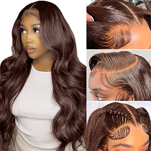 13x6 Chocolate Brown Body Wave Lace Front Wigs - HD Transparent Brazilian Virgin Human Hair Wig with Baby Hair, 150% Density, Glueless, Pre-Plucked, 16 Inch - Perfect for Black Women's Daily Wear, Parties & Special Occasions