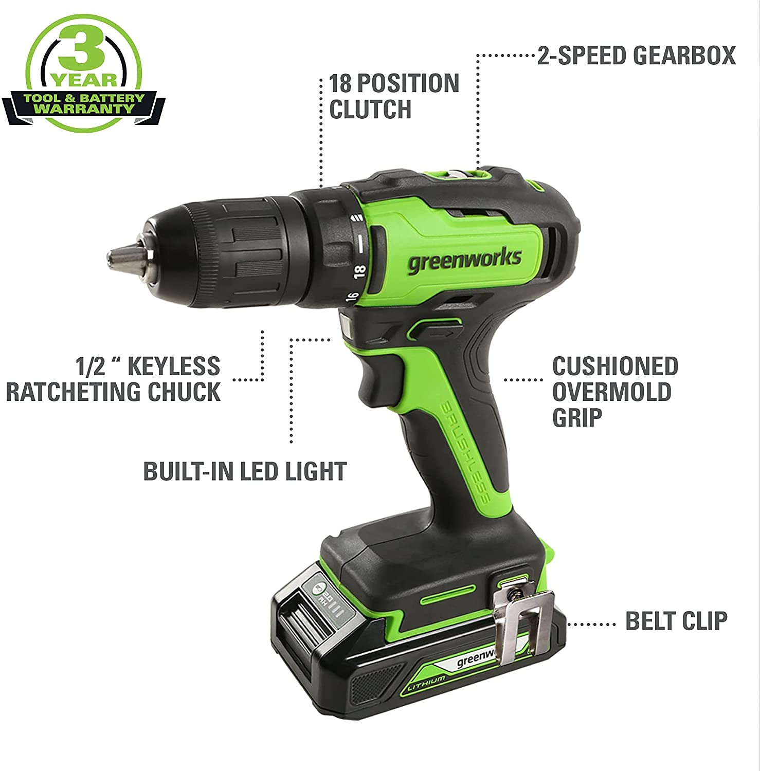 Greenworks 24V Brushless Cordless Drill/Driver Kit with 2x 1.5Ah USB Batteries, Charger & 60-Piece Multi-Material Drill Bit Set - Perfect for DIY Home Projects, Woodworking, and Professional Construction Work