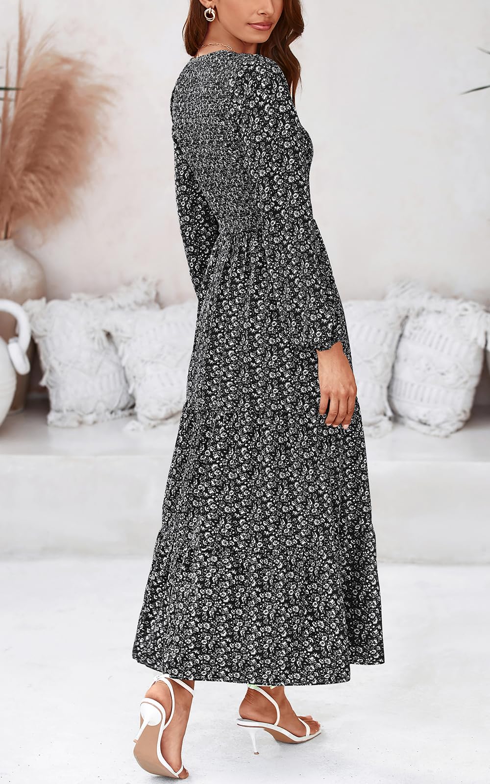 PRETTYGARDEN Women's Floral Maxi Dress 2025 - Long Sleeve Smocked Tiered Dress with Crew Neck, Flowy Casual Spring Dress for Women | Perfect for Brunch, Date Night & Beach Cover-Up
