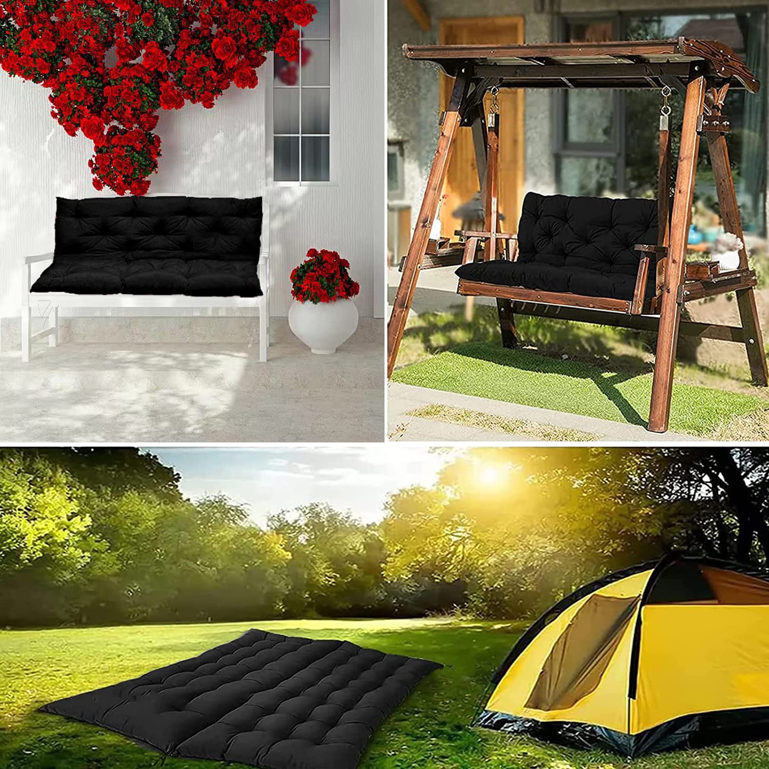 **60 Inch Waterproof Outdoor Bench Cushion with Backrest – Thickened Patio Swing Cushion for 3-Seater Porch Furniture (Black, 40x60 Inch) – Perfect for Garden, Deck, and Backyard Relaxation**