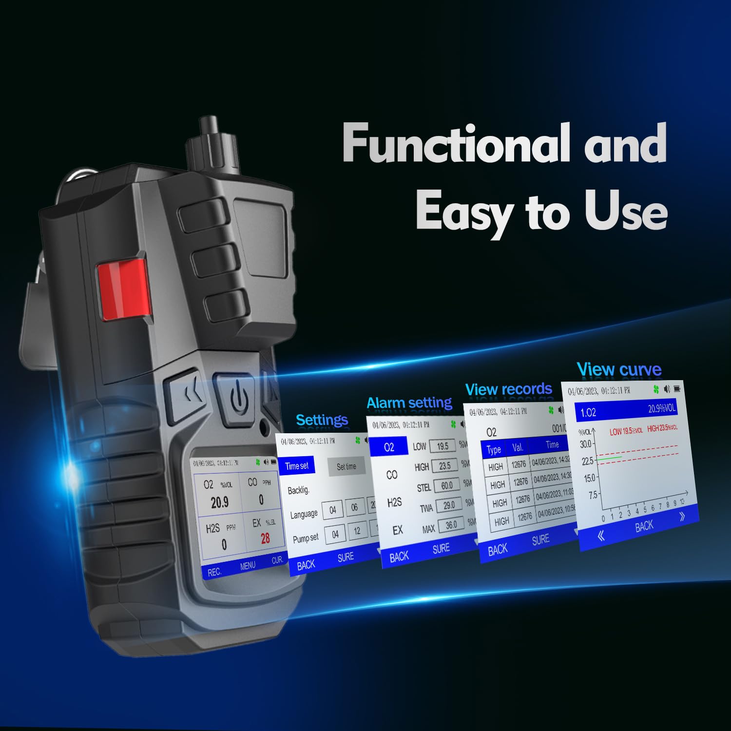 Portable 4-in-1 Gas Detector with Pump - CO, EX, O2, H2S Monitor | 3000mAh Rechargeable Battery & Calibration Kit | LCD Display with Clip | Ideal for Sewer Gas Detection, Industrial Safety & Confined Space Monitoring