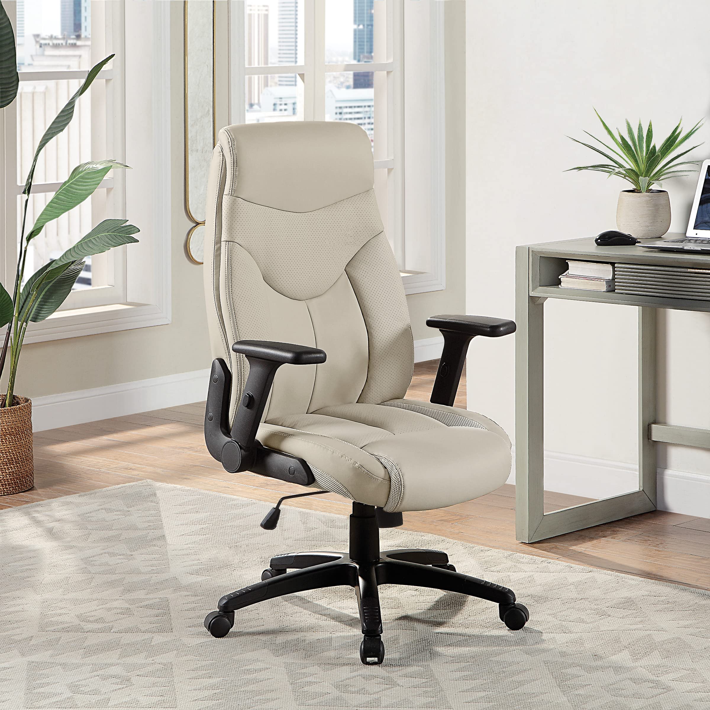Office Star Executive High Back Bonded Leather Office Chair with Thick Padded Seat & Adjustable Height - Flip Arms, Taupe - Perfect for Home Office, Conference Rooms & Executive Workspaces