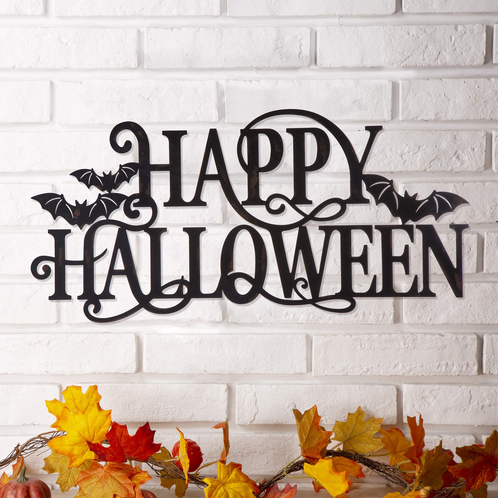 Glitzhome Happy Halloween Metal Sign - 23.94×11.22 Inch Halloween Wall Decor & Outdoor Yard Sign for Haunted House, Party, Porch, and Seasonal Home Decoration
