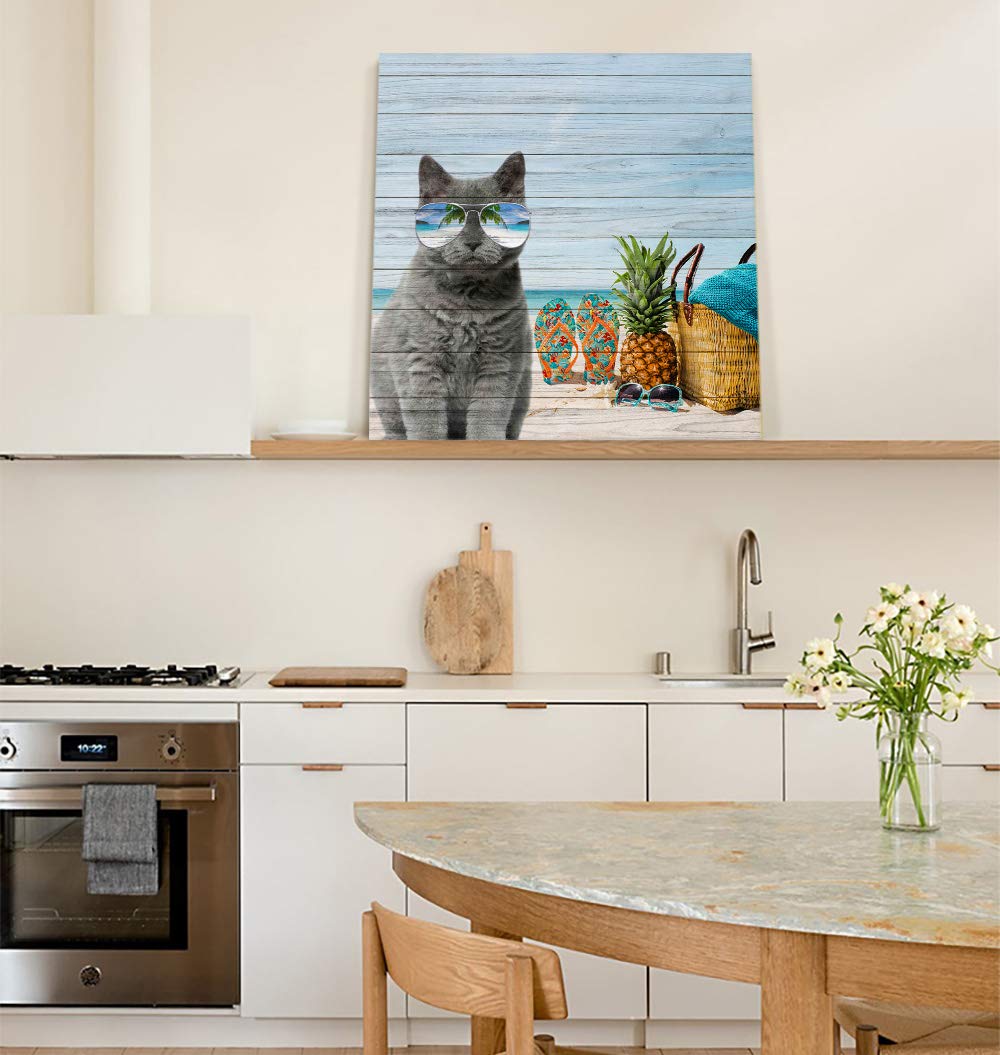 20x20in Square Canvas Wall Art - Beach Sea Life Cat with Sunglasses & Pineapple Oil Painting for Bedroom, Living Room Home Decor | Perfect for Coastal, Tropical & Modern Interior Design