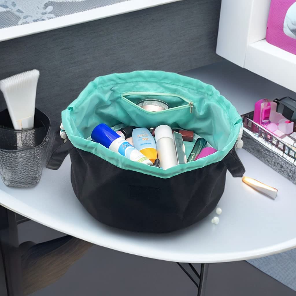 Large Drawstring Makeup Bag for Women - Waterproof Travel Cosmetic Organizer with Brush Holder & Pouch, Perfect for Makeup Storage, Skincare Essentials & Toiletries | Great for Travel, Gym & Daily Use (Black)