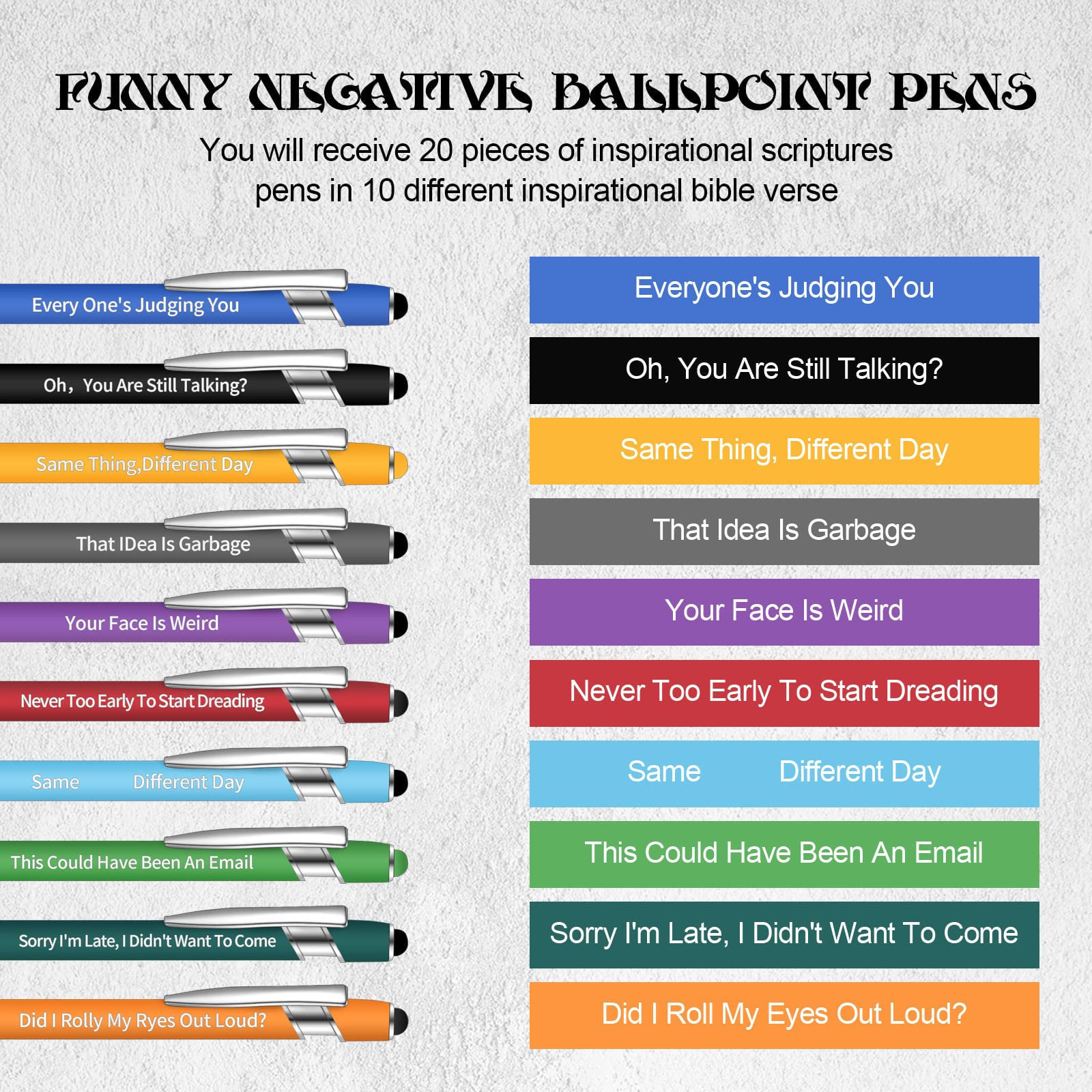 20 Pack Funny Snarky Insulting Ballpoint Pens - Passive Aggressive Office Gifts for Coworkers & Colleagues - Great for Pranks, White Elephant Gifts & Stress Relief at Work (Negative Quote Style)