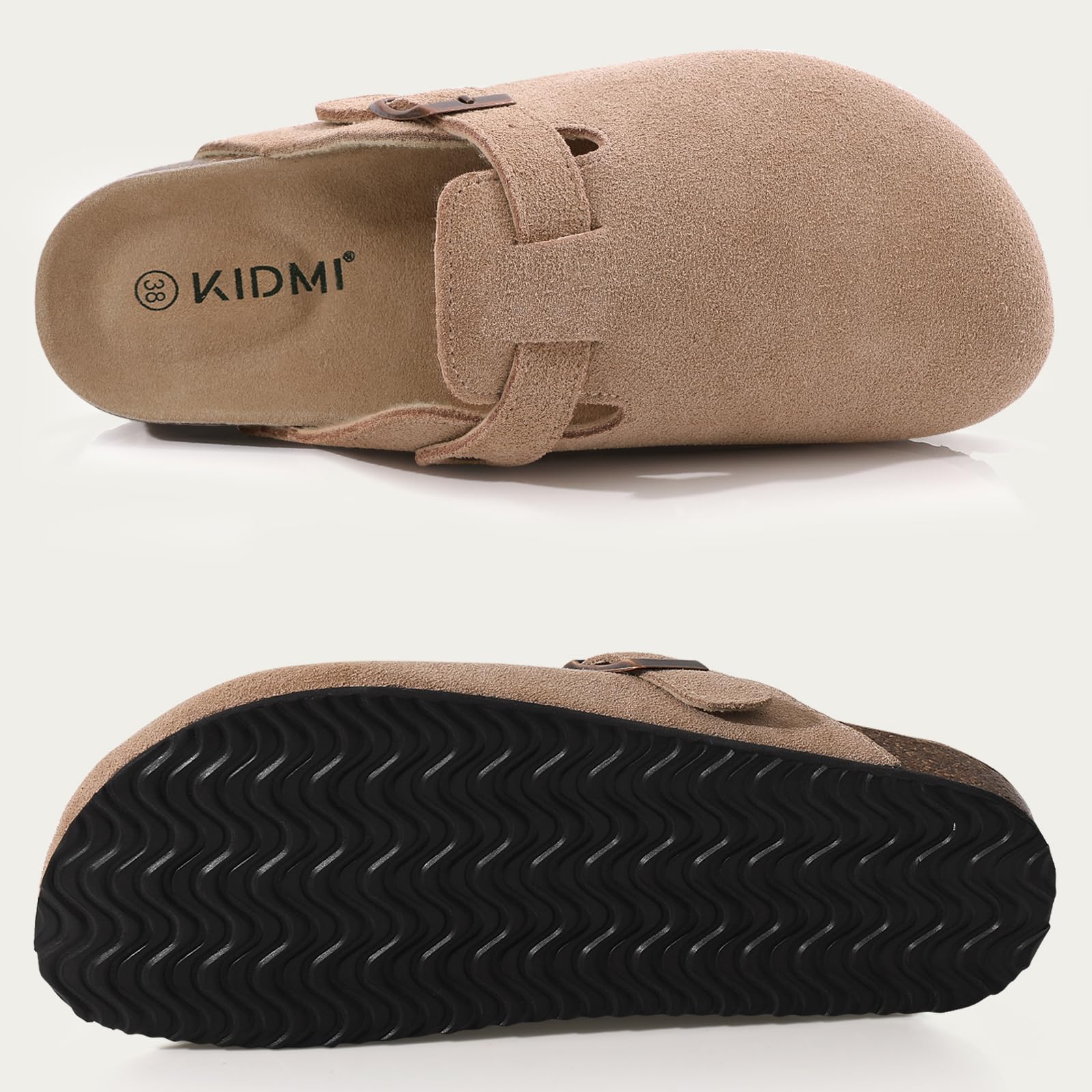 KIDMI Women's Suede Clogs - Leather Mules with Cork Footbed & Arch Support - Comfortable Slip-On Sandals for Casual Wear, Work & Home