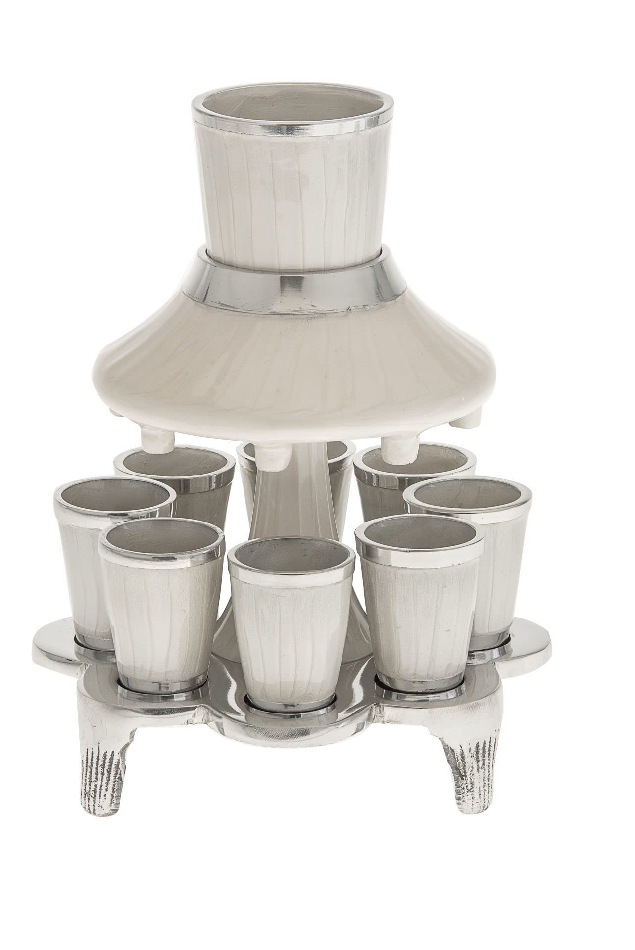 Enamel Judaica Fountain with 8 (1 Oz) Kiddush Cups - White Jewish Ritual Item for Shabbat & Holiday Celebrations