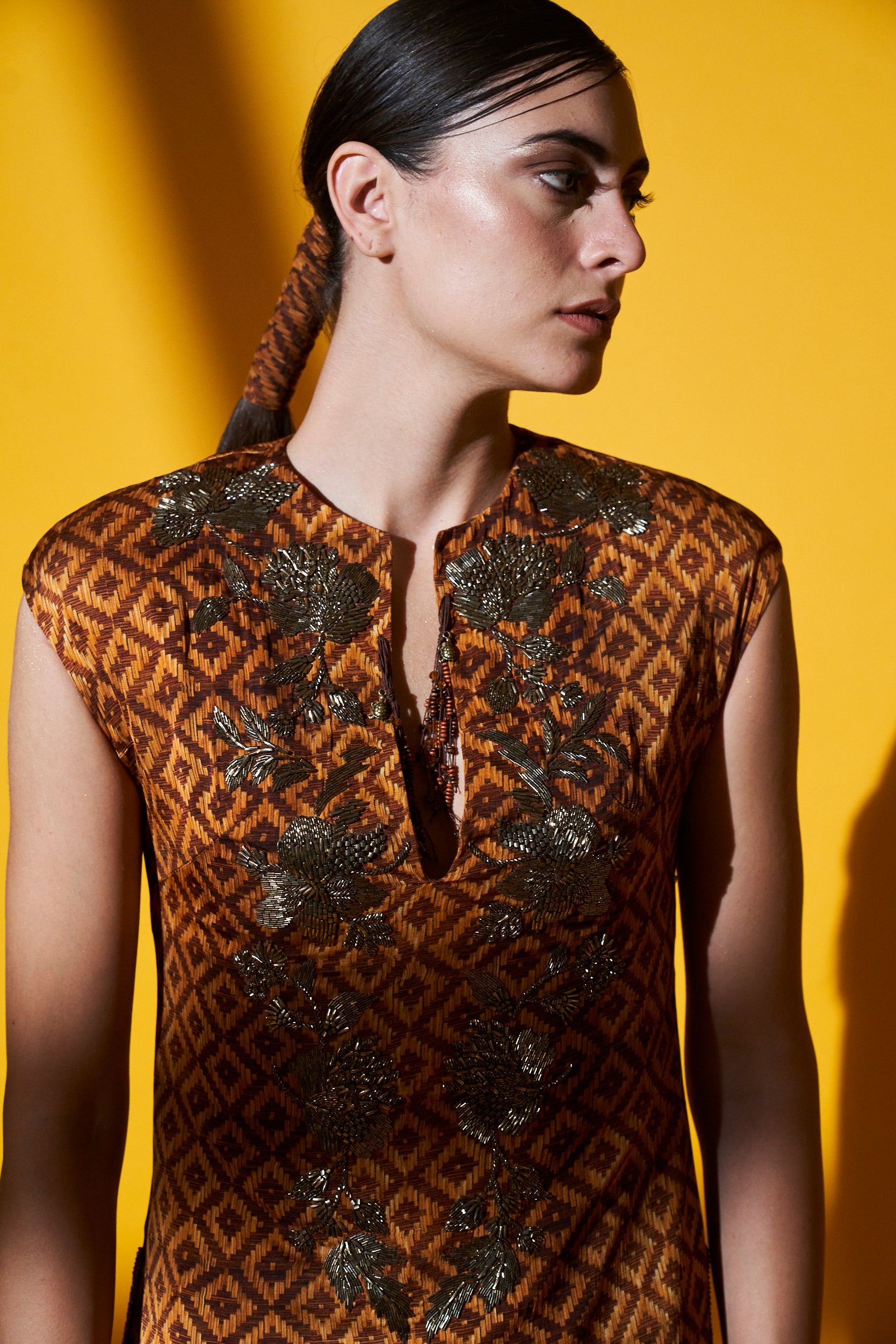 Beige Brown Basket Weave Print Hand Embellished Side Slit Dress - Elegant Boho Chic Maxi Dress for Women, Perfect for Beach Vacations, Summer Parties & Date Nights
