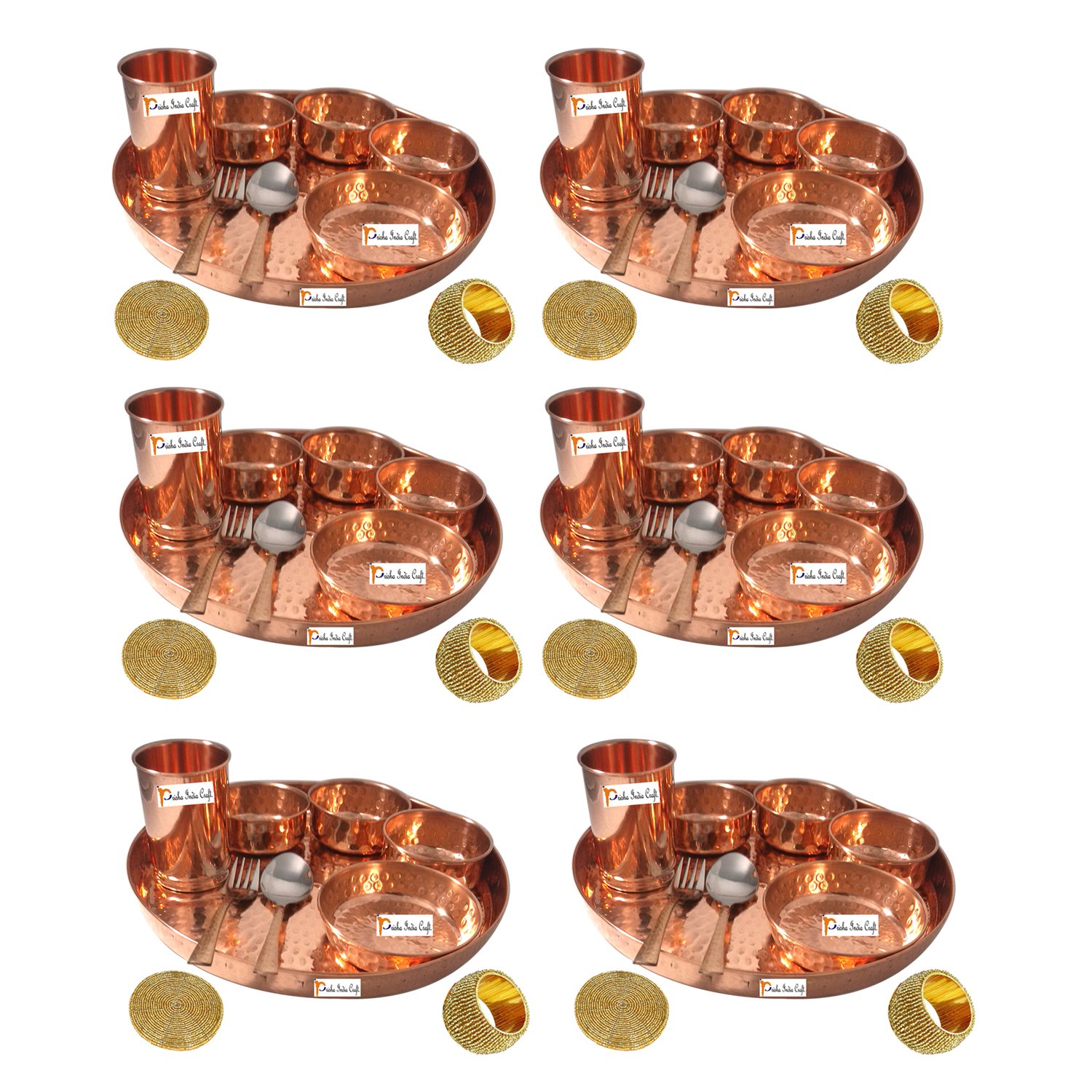 Premium Handmade Pure Copper Thali Set - 6-Piece Traditional Indian Dinnerware with 12