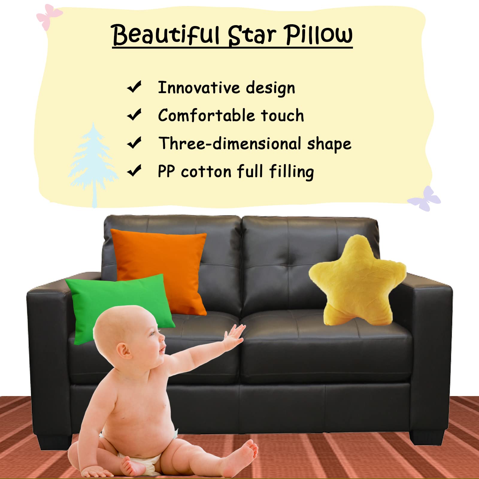 Zhidiloveyou Star Pillow Plush - Soft Yellow Stuffed Star Shaped Cushion (15.7 Inch) | Cute Kids Toy for Bedroom Decor, Nursery Gift & Comforting Sleep Companion