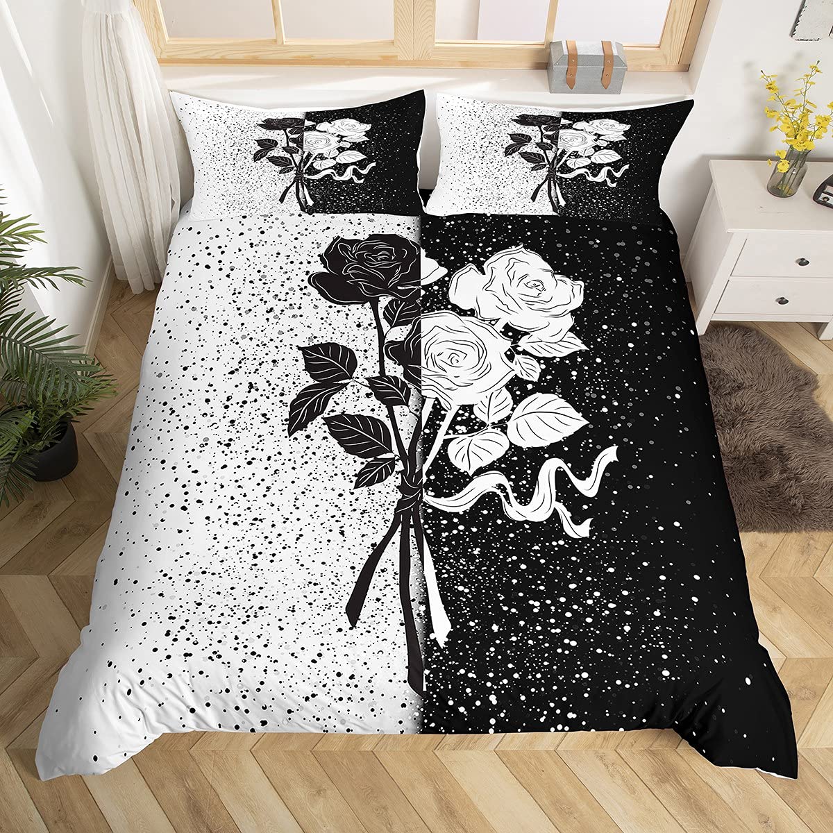 Full Size Couple Rose Duvet Cover Set with 2 Pillowcases - Black and White Floral Painting Design for Teens & Boys Bedroom | Retro Simple Style Bedding for Couples, Valentine's Gift & Romantic Home Decor