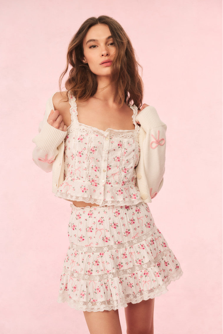 Stylish Viro Cotton Rose & Bow Mini Skirt for Women - Floral Summer Skirt with Bow Accent - Perfect for Parties, Dates & Casual Outfits