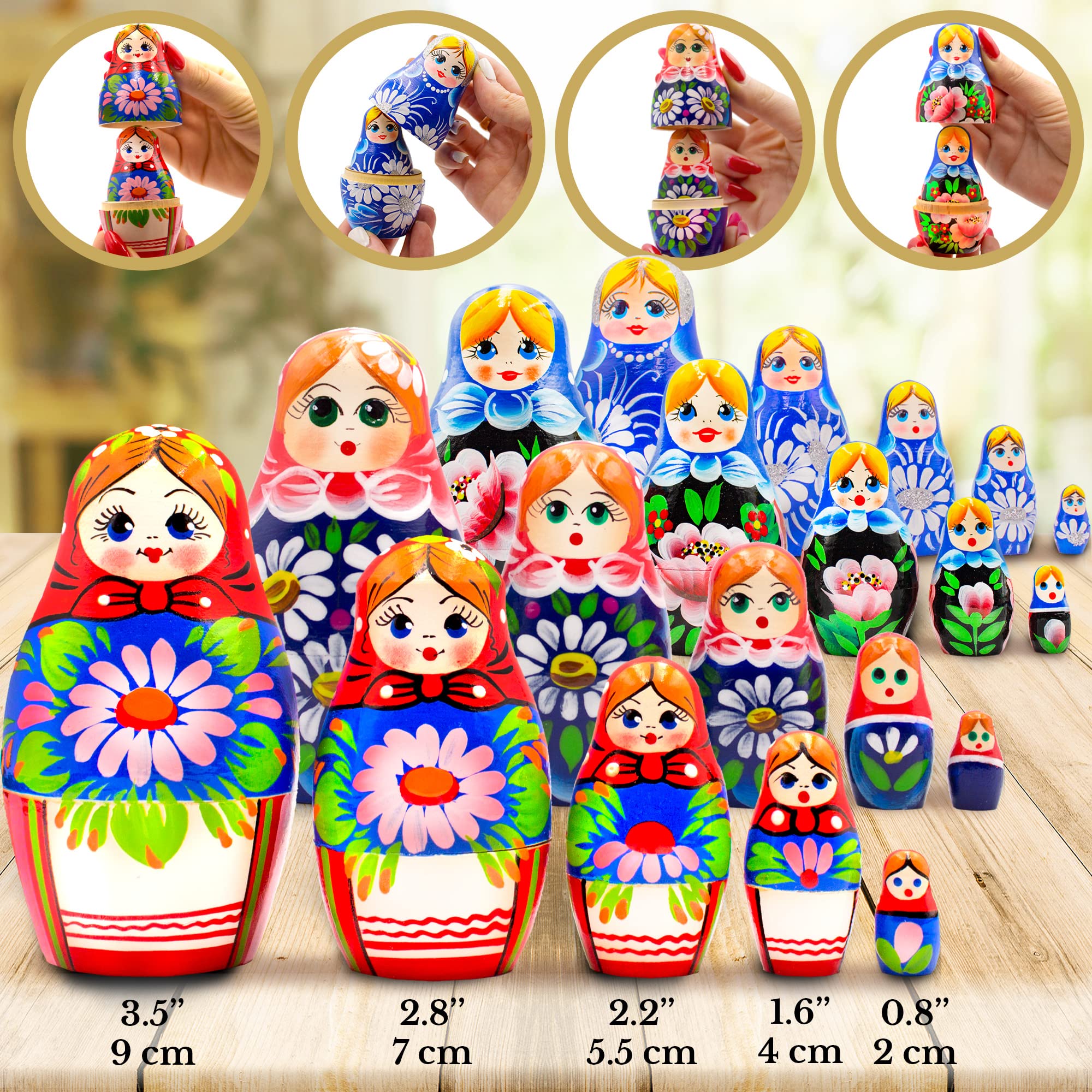 40-Piece AEVVV Russian Nesting Dolls Set - Floral Matryoshka, Penguin, Dog, Owl & Panda Stacking Dolls for Home Decor, Gift & Collectibles | Perfect for Kids Playroom, Nursery Decor & Cultural Souvenirs