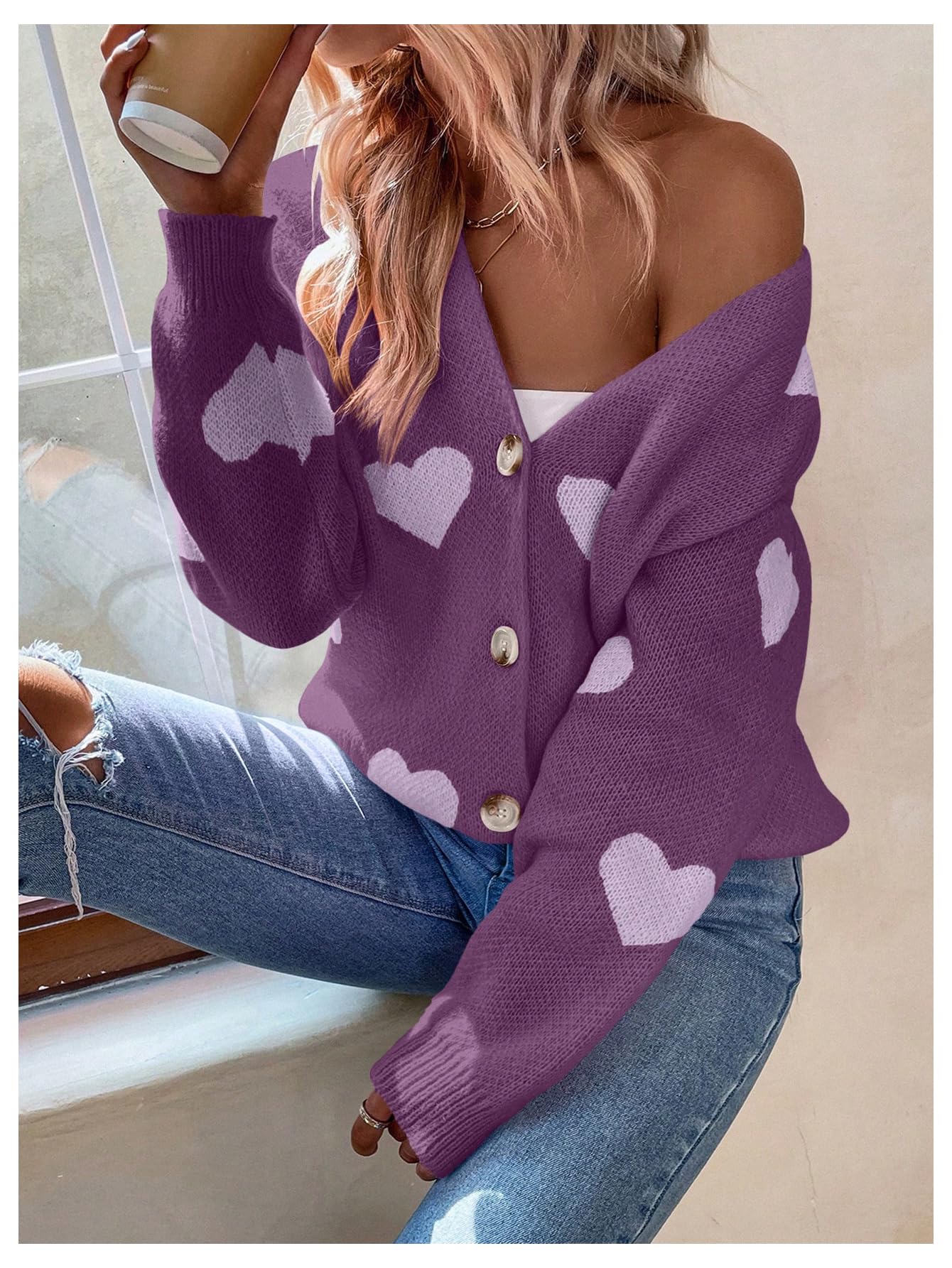 SHENHE Women's Cute Heart Print Button Down Cardigan - Soft V-Neck Sweater Coat for Casual Wear, Office & Date Nights