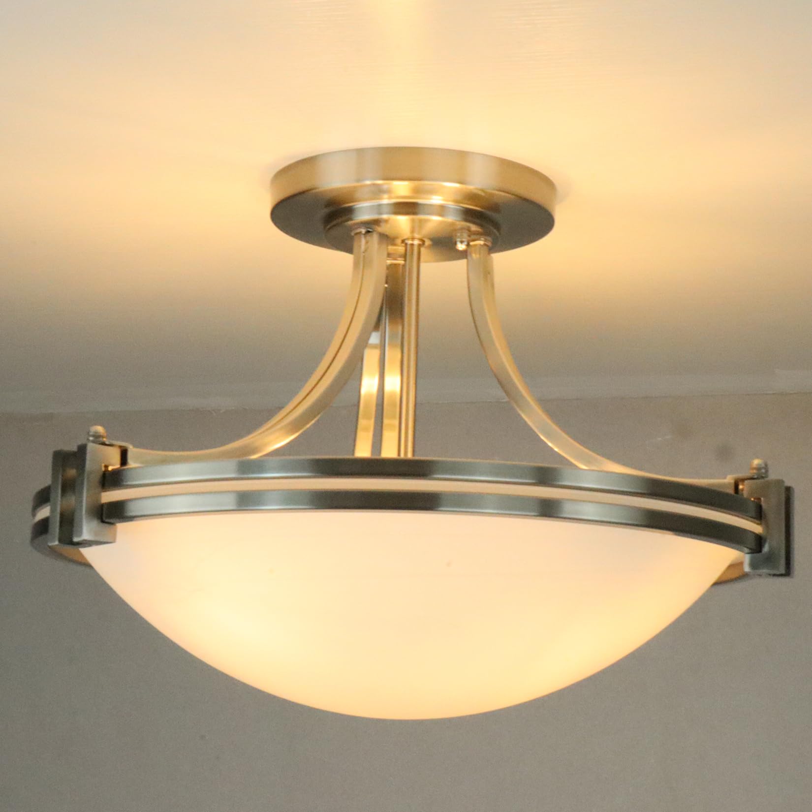 Modern SAMTEEN Brushed Nickel Semi Flush Mount Ceiling Light - 3-Light White Glass Fixture for Hallway, Bedroom, Living Room & Kitchen | Bowl Shade Design | Perfect for Home, Office & Commercial Spaces