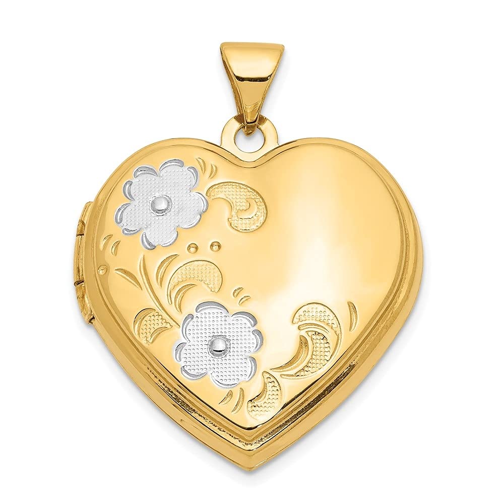 14K Yellow Gold White Rhodium Plated Floral Heart Locket Necklace for Women - Elegant Pendant Jewelry Gift for Valentine's Day, Anniversary & Special Occasions