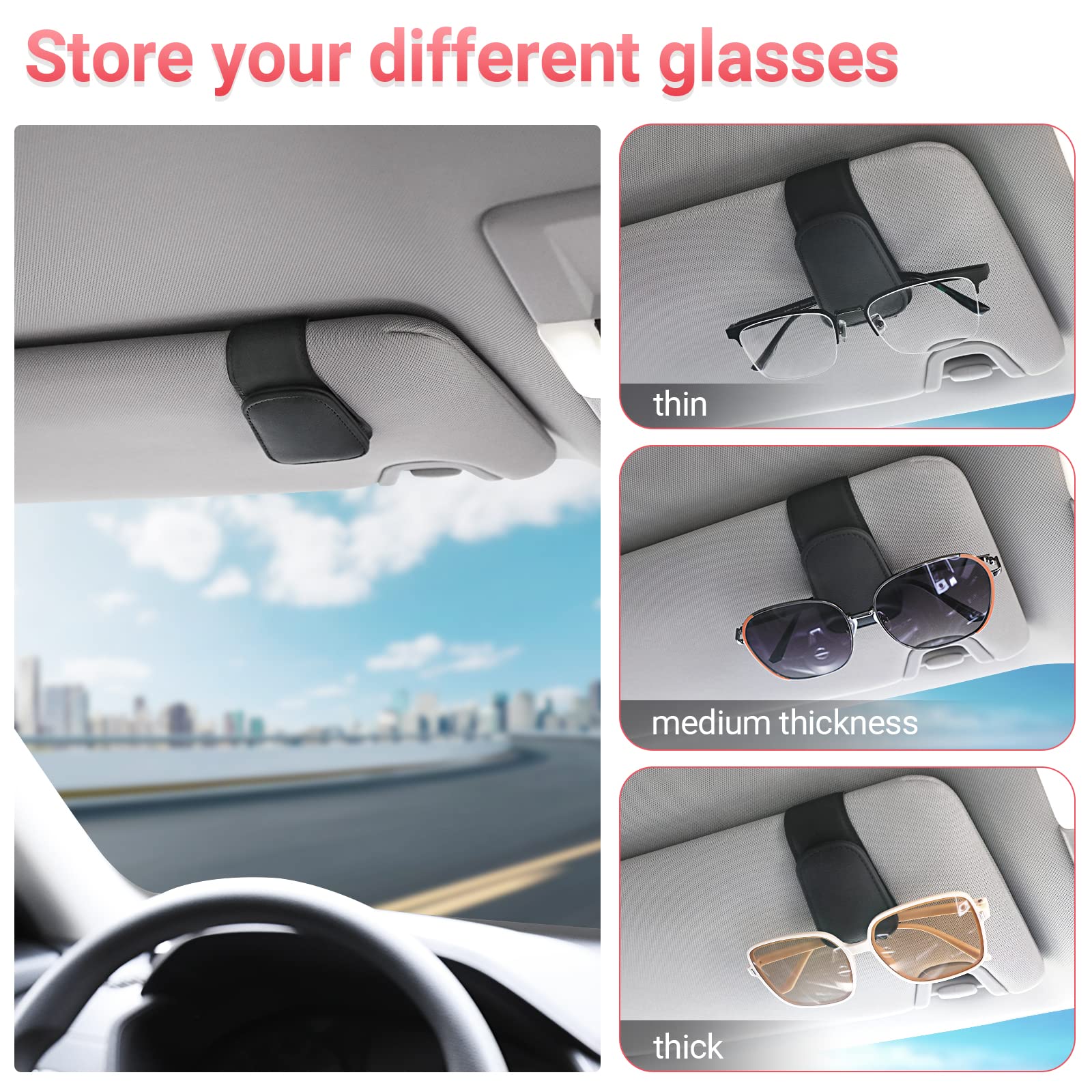 KanSmart Magnetic Sunglass Holder for Car Sun Visor - Universal Leather Eyeglass Clip with Ticket Card Holder - Auto Interior Accessories for Car, SUV, Truck & Pickup (Black) - Perfect for Road Trips & Daily Commutes