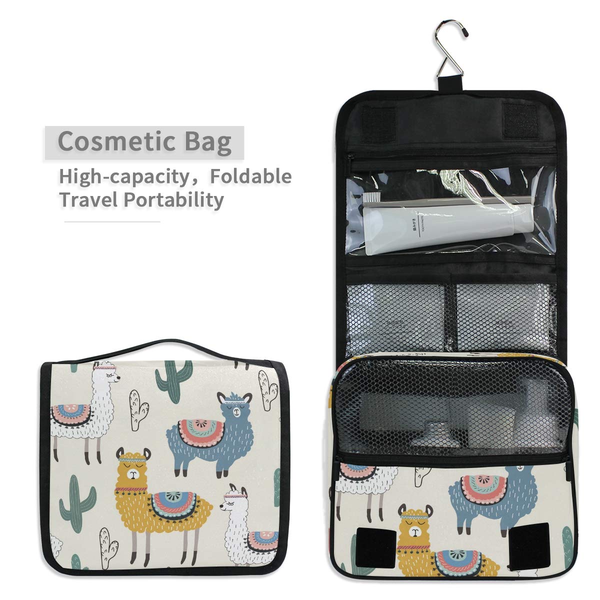 **Moyyo Hand-Drawn Alpaca Llama Cactus Toiletry Bag – Hanging Travel Wash Bag for Women, Girls & Kids – Portable Cosmetic Organizer for Gym, Camping & Travel**