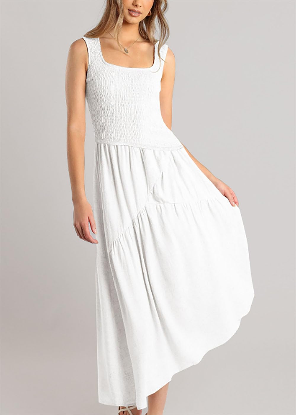 Women's Square Neck Sleeveless Backless Tie-Up Summer Dress - Casual Solid Tiered Skirt for Beach Vacation, Party & Holiday Wear