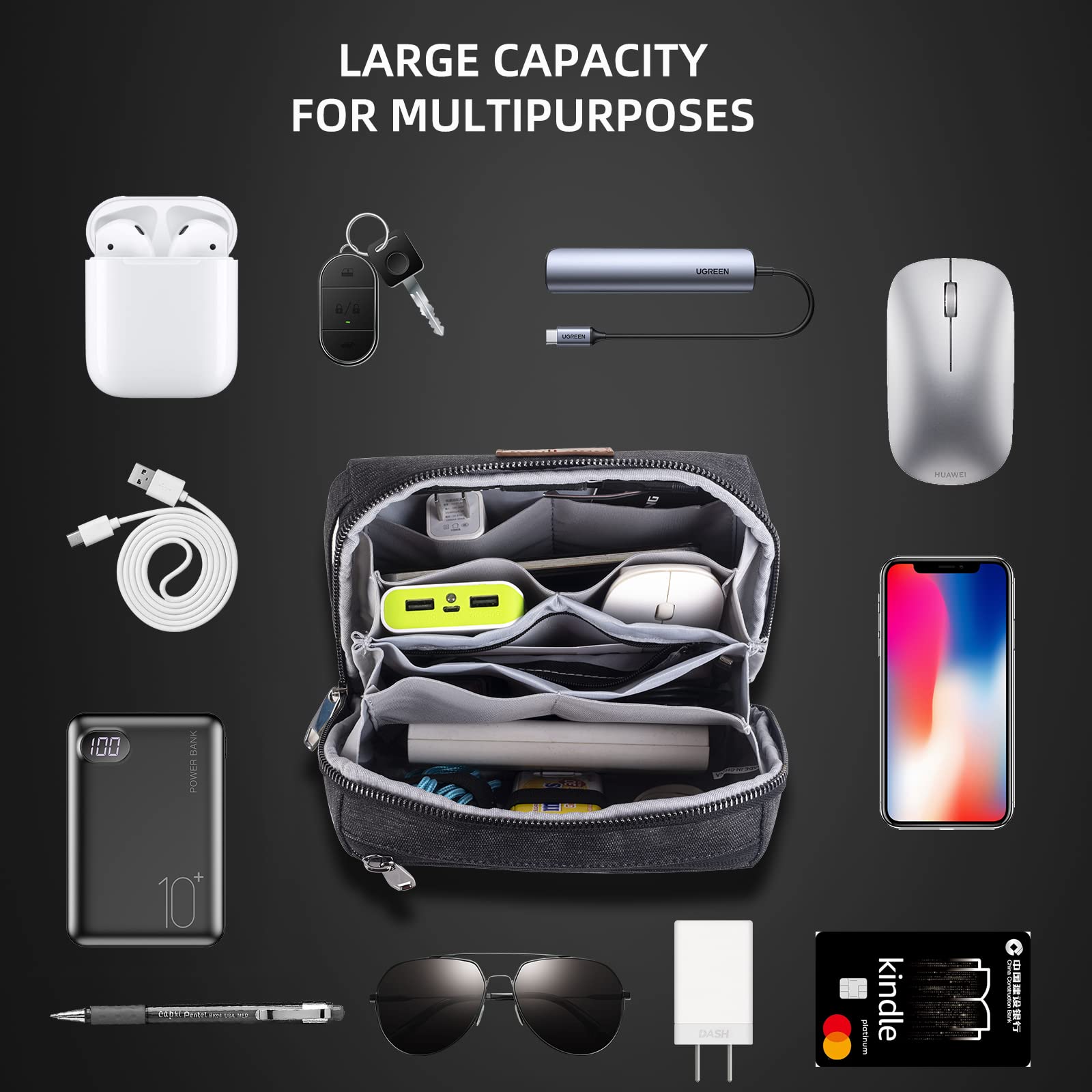 KINGSLONG Large Waterproof Electronic Organizer Travel Case - Portable Travel Pouch for Power Bank, Charger, Cables, Flash Drive, Phone & SD Cards - Perfect for Business Trips, Vacations & Daily Commute