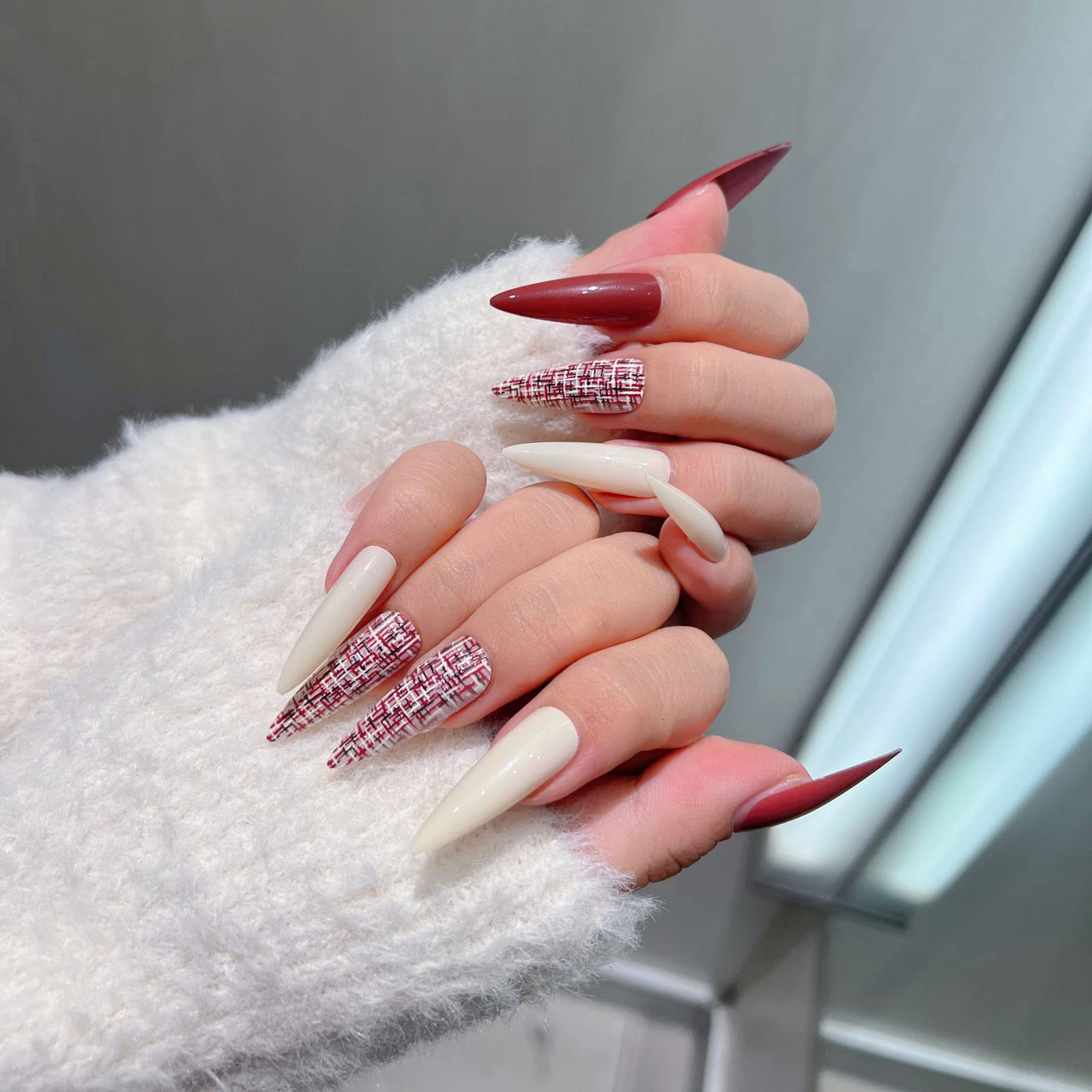 30PCS Solid Color Long Pointed Press on Nails - Glossy False Nails with 3D Embossing Plaid Designs for Women | Full Cover Stick on Fake Nails Kit (Milk White & Red) | Perfect for Parties, Weddings, Date Nights & Special Occasions