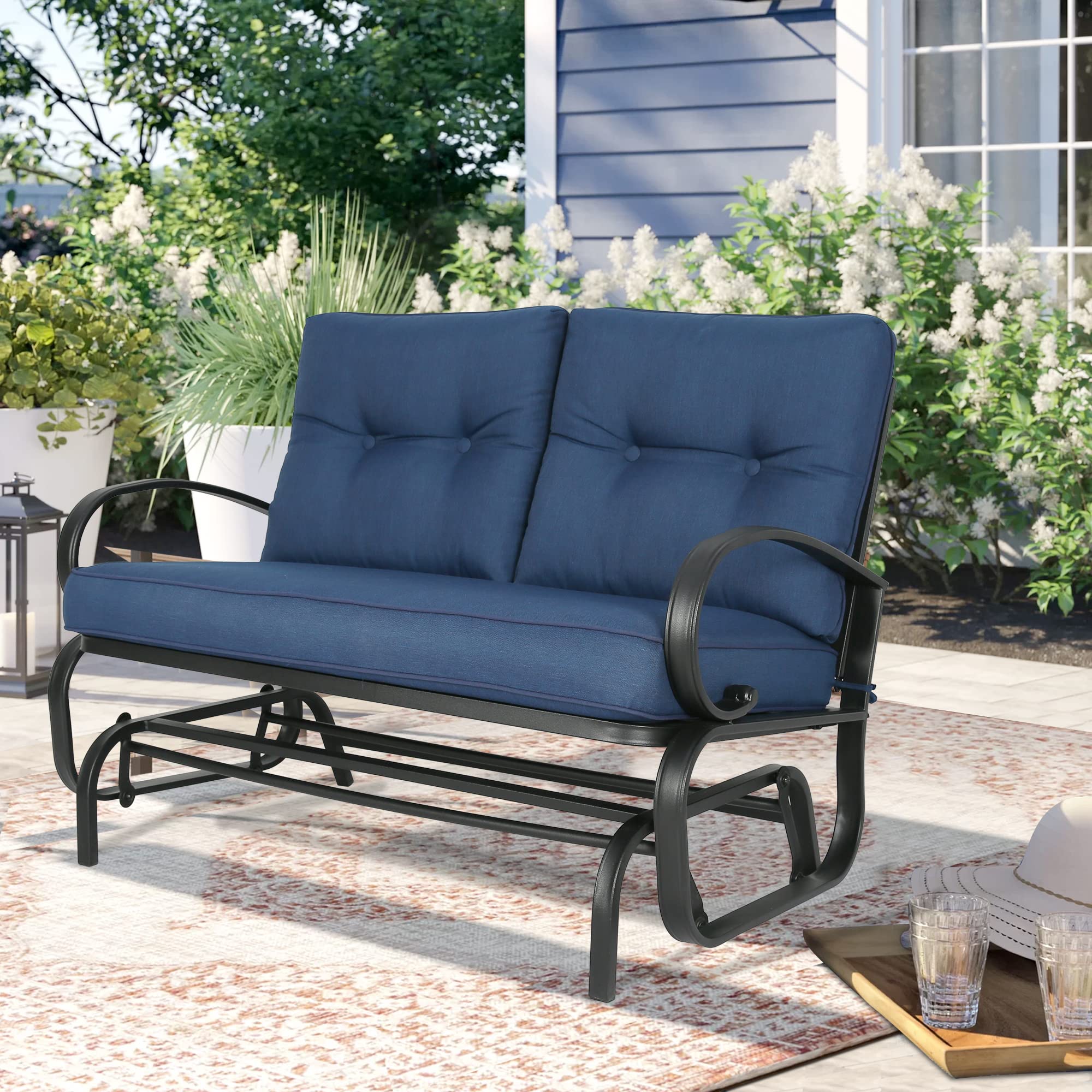 Ulax Outdoor Loveseat Patio Swing Glider Bench Chair with 100% Olefin Cushion - Navy Blue Weather-Resistant Furniture for Garden, Backyard, Porch & Deck Relaxation