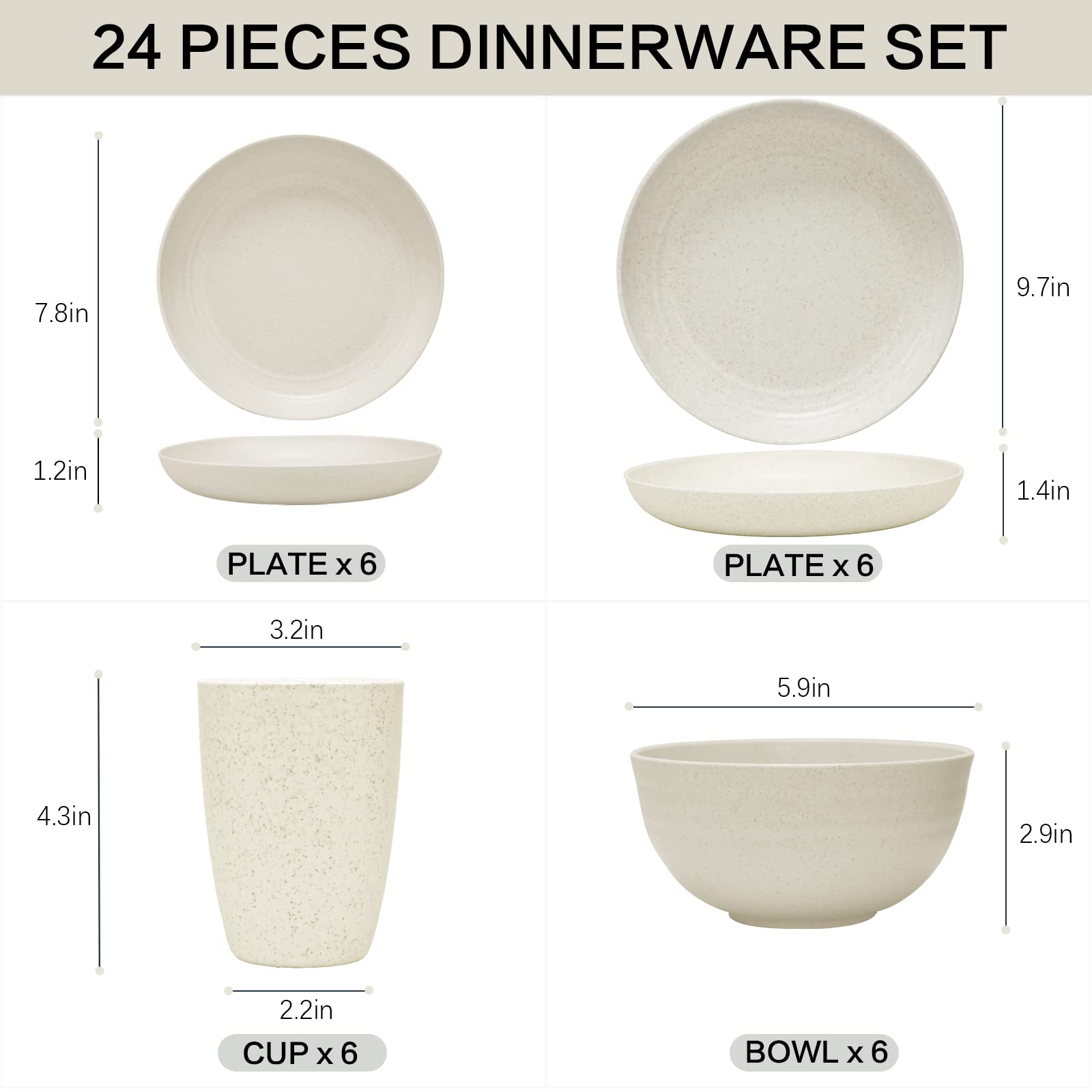 Eco-Friendly Wheat Straw Dinnerware Set for 6 - 24PCS Lightweight Unbreakable Plates, Bowls & Cups | Microwave & Dishwasher Safe | Perfect for Camping, RV, Picnic, Kitchen | Ideal for Kids & Adults | Durable Outdoor & Indoor Dining Solution