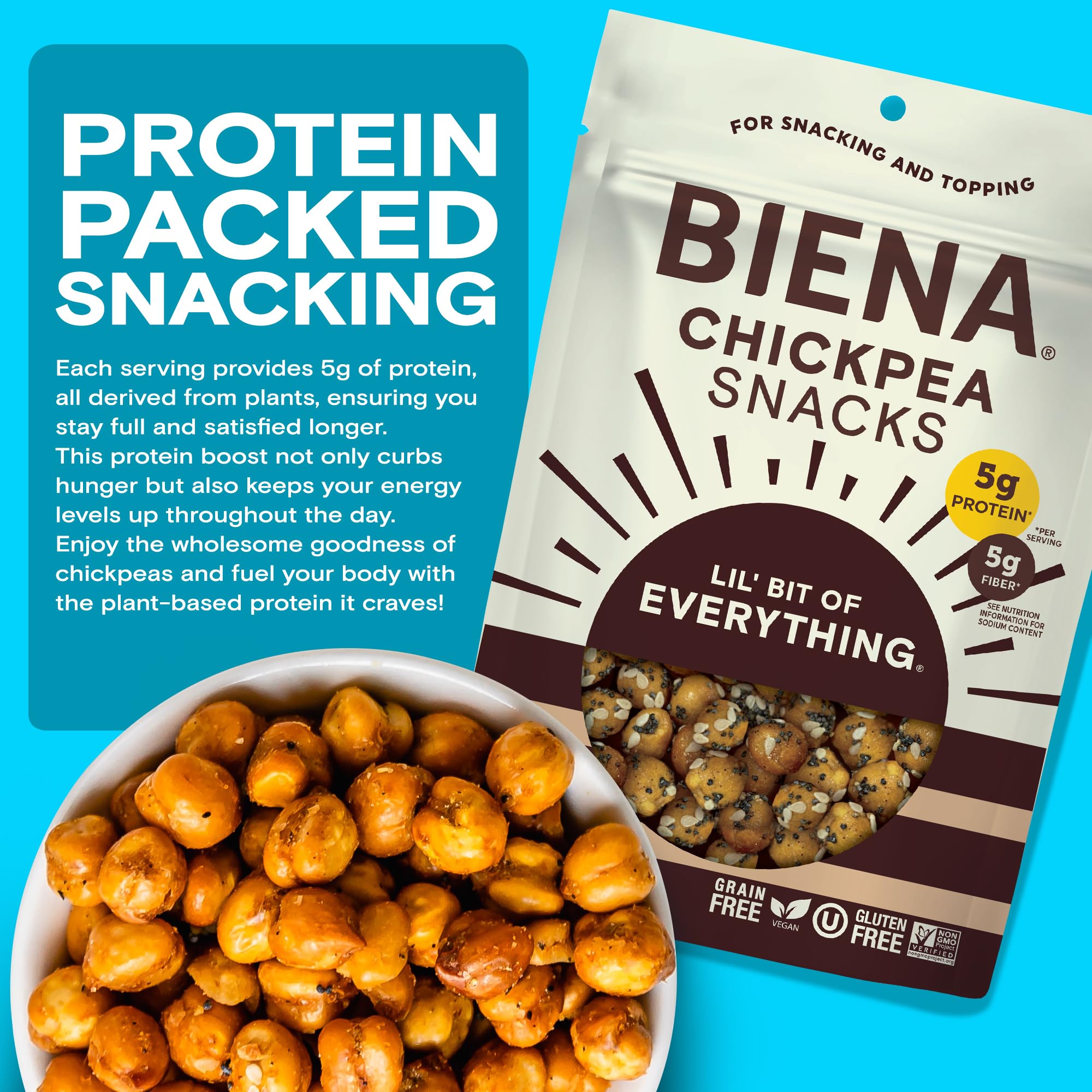 Biena Crispy Roasted Chickpea Snacks - High Protein & Fiber, Gluten Free, Non-GMO, Plant-Based Healthy Snacks for Adults & Kids (4-Pack, 5oz Bags) - Perfect for On-the-Go, School Lunches & Office Snacking