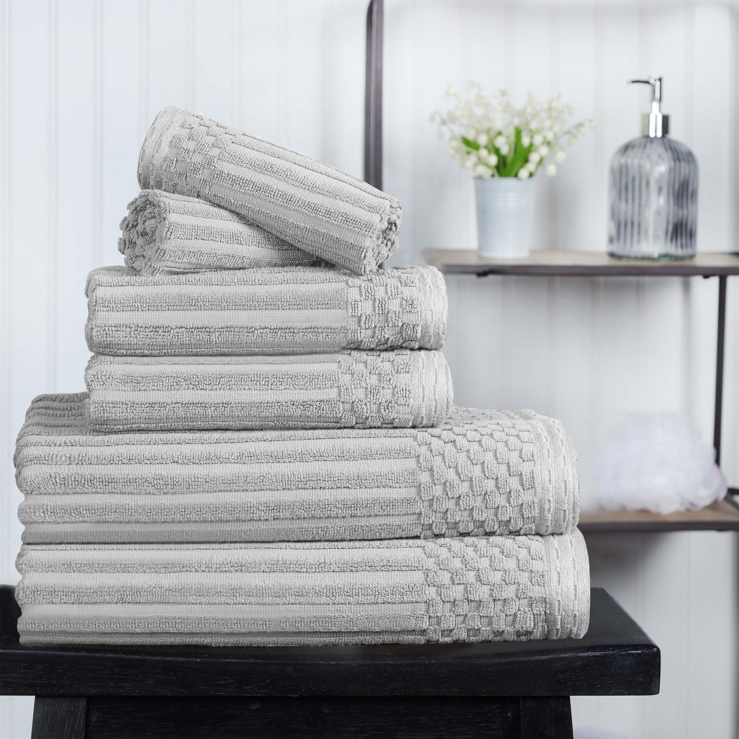 Premium 6-Piece Cotton Ribbed Textured Towel Set - Medium Weight, Soft & Absorbent Bath Towels for Spa, Gym, and Everyday Use