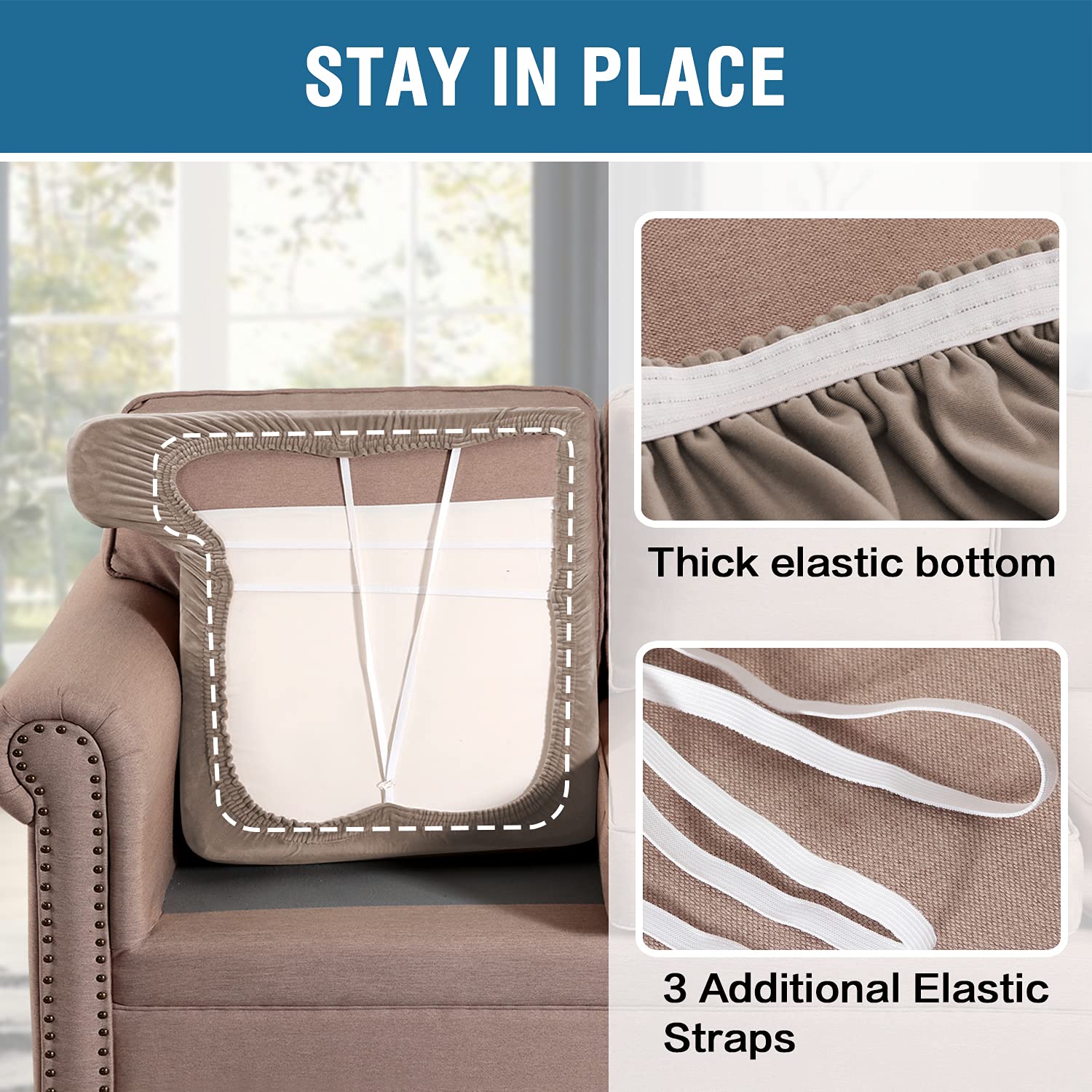 H.VERSAILTEX 3-Piece Stretch Velvet Sofa Slipcover Set - Soft T-Cushion Covers for 3-Seater Couches, Non-Slip Taupe Velvet Couch Protector (Fits Most Sofas) - Perfect for Living Room, Home Decor & Pet-Friendly Furniture Protection