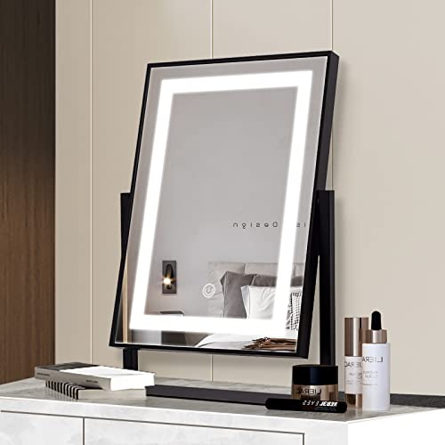 ANDY STAR Large LED Vanity Mirror with Lights - 14x19 Inch Black Makeup Mirror with 2 Color Lighting Modes, 360° Rotation & Smart Touch Control, Stainless Steel Frame - Perfect for Dressing Table, Bathroom & Professional Makeup Application