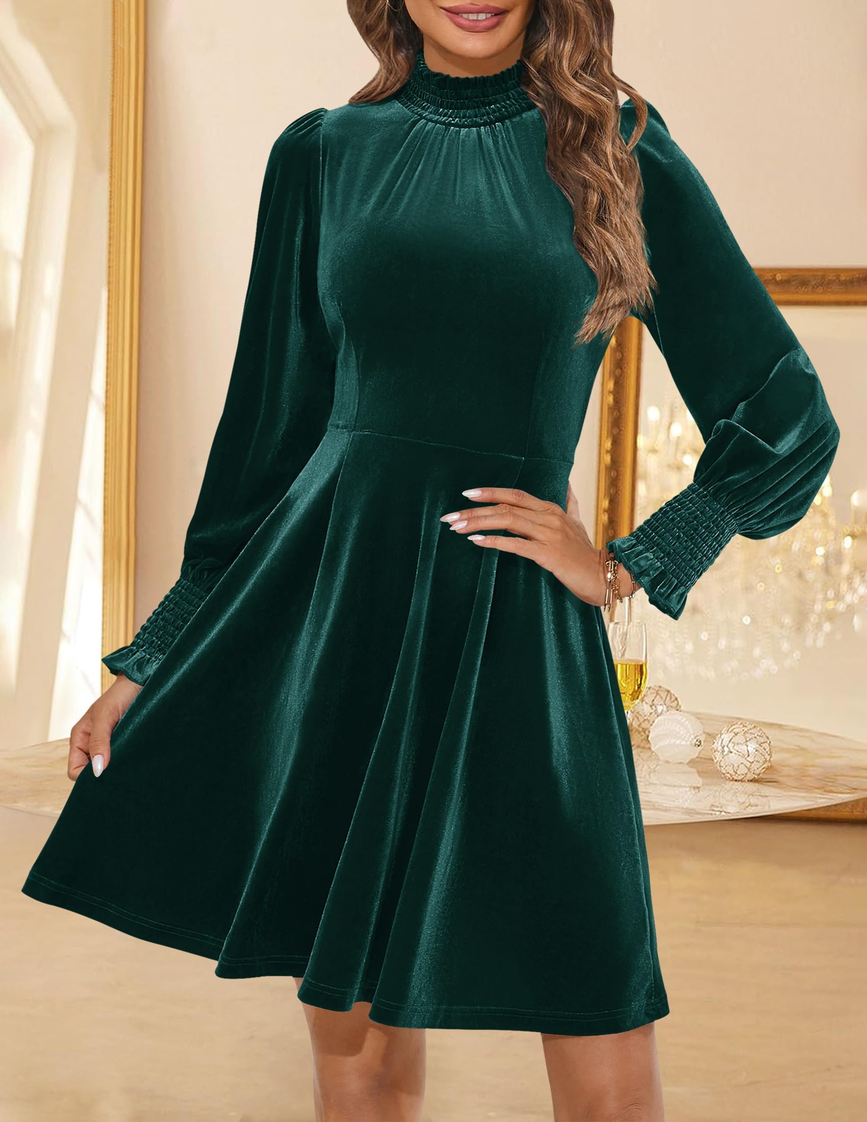 ZESICA Women's Velvet Mini Dress Long Sleeve High Neck Elastic Waist A-Line Party Dress for Spring Wedding, Cocktail, Holiday & Evening Occasions