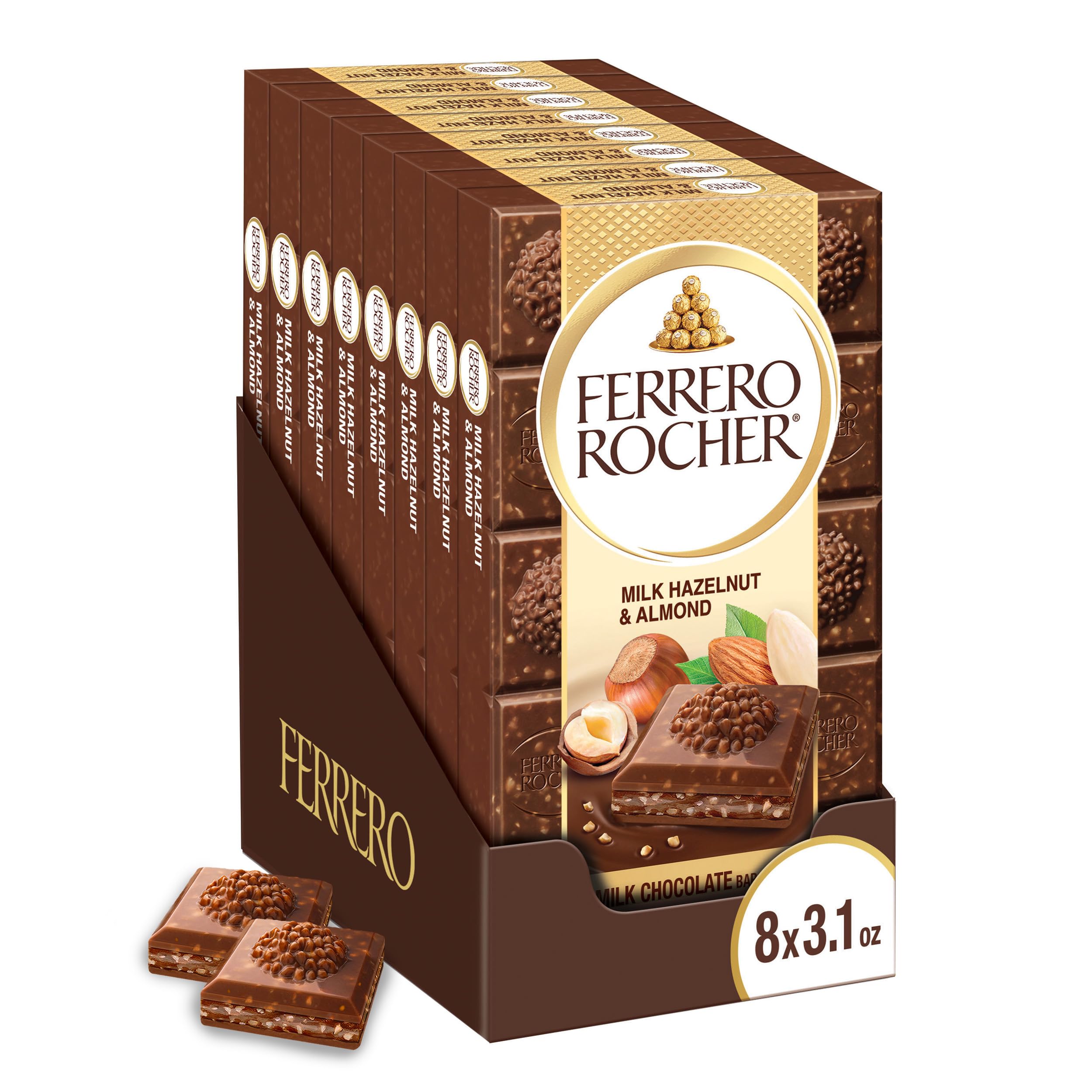 Ferrero Rocher Premium Chocolate Bars 8-Pack - Milk Chocolate Hazelnut & Almond Gourmet Candy - Individually Wrapped Luxury Holiday Treats (3.1 oz Each) - Perfect for Gifts, Parties & Dessert Tables