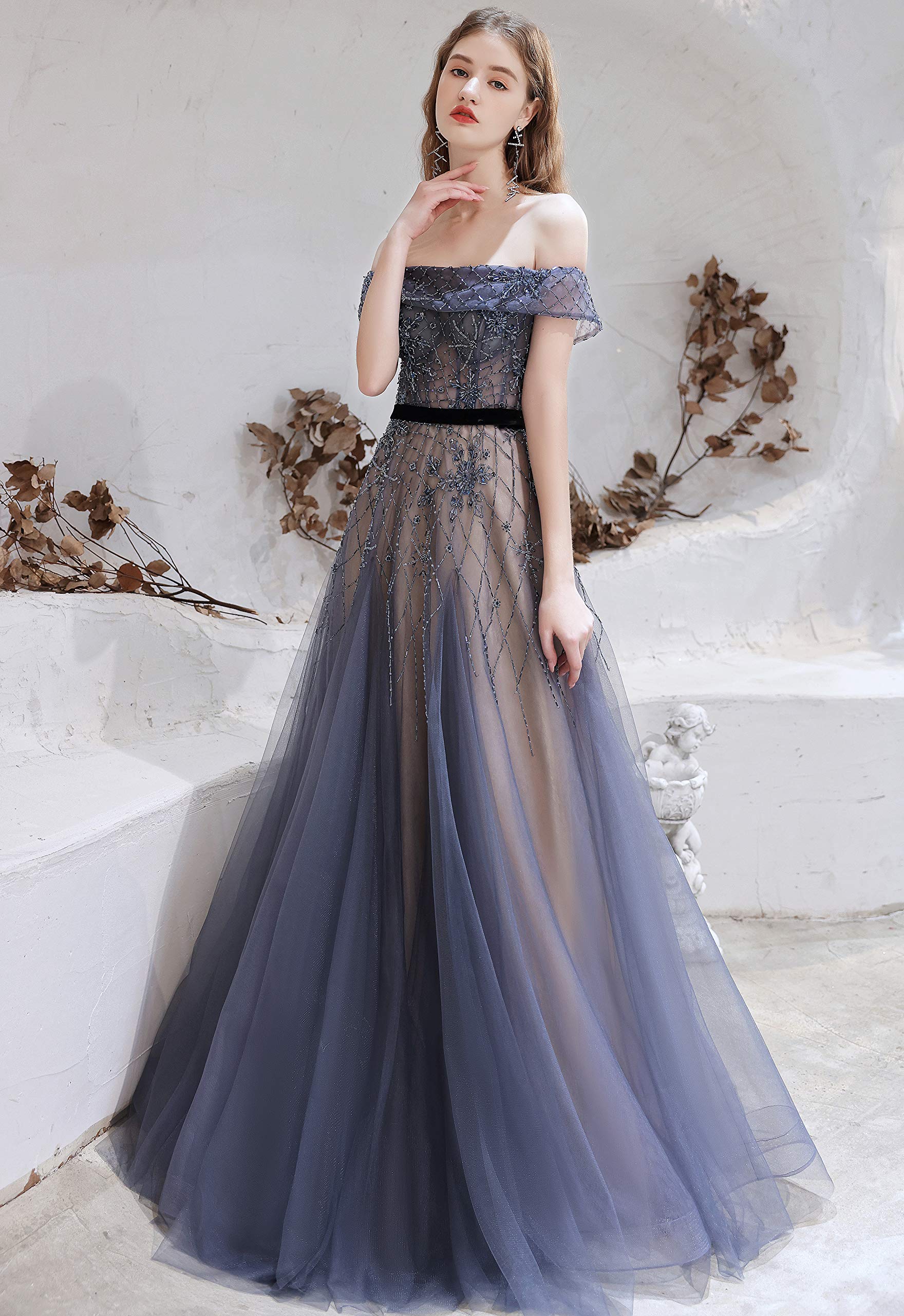 Elegant Off-Shoulder Beaded Tulle Evening Gown for Women - Long Formal Dress for Prom, Wedding & Special Occasions