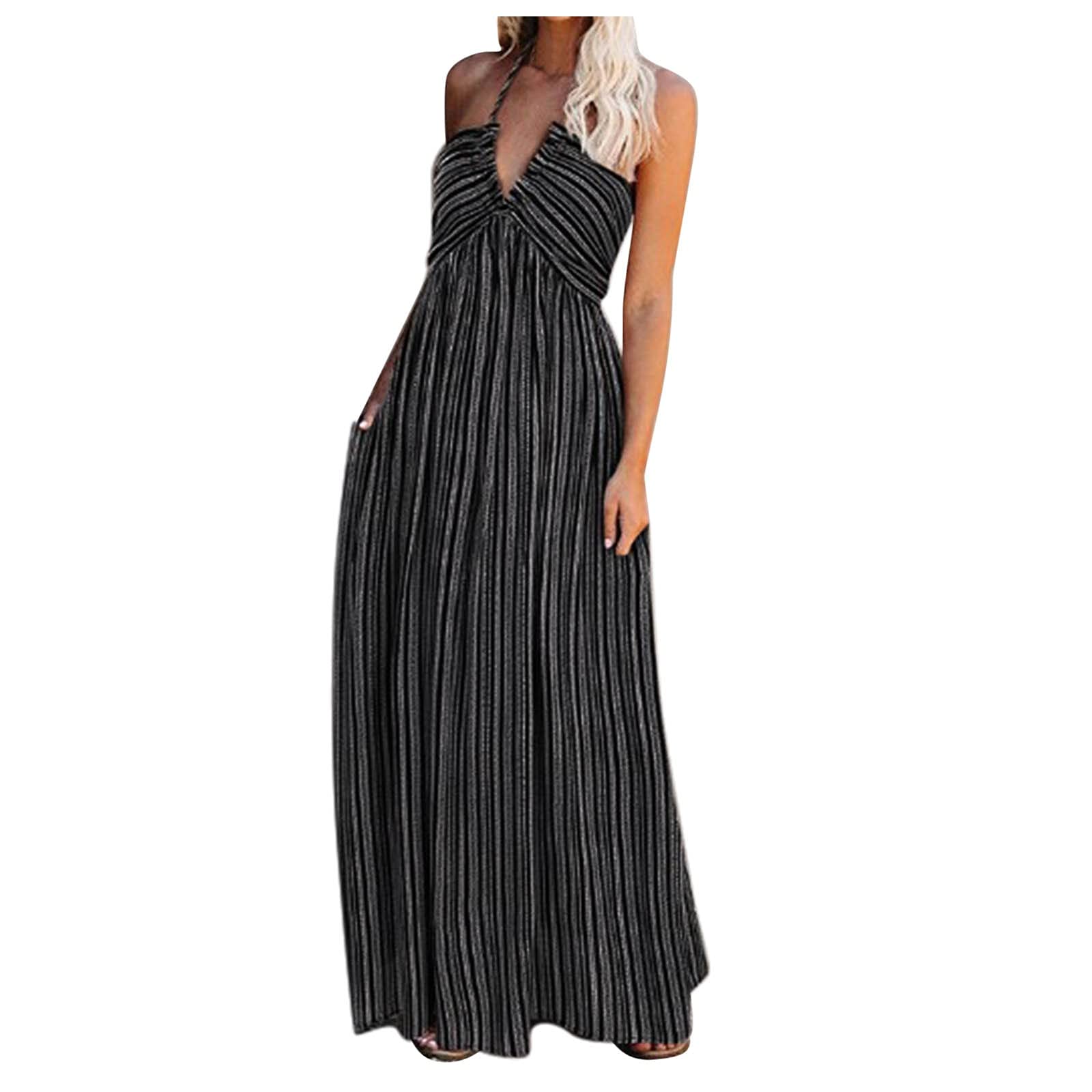 Elegant Long Strip V-Neck Printed Halter Beach Dress - Women's Sleeveless Cocktail Party Dress in Red | Perfect for Summer Vacations, Pool Parties & Evening Events