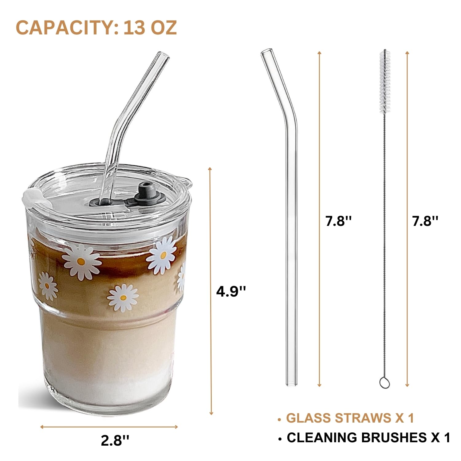 13oz Glass Tumbler with Straw and Lid - Reusable Iced Coffee Cup, Cute Travel Mug for Matcha, Water & Cold Drinks - BPA Free Insulated Glass Cup with Daisy Design - Perfect for Office, Gym, Camping & Daily Use