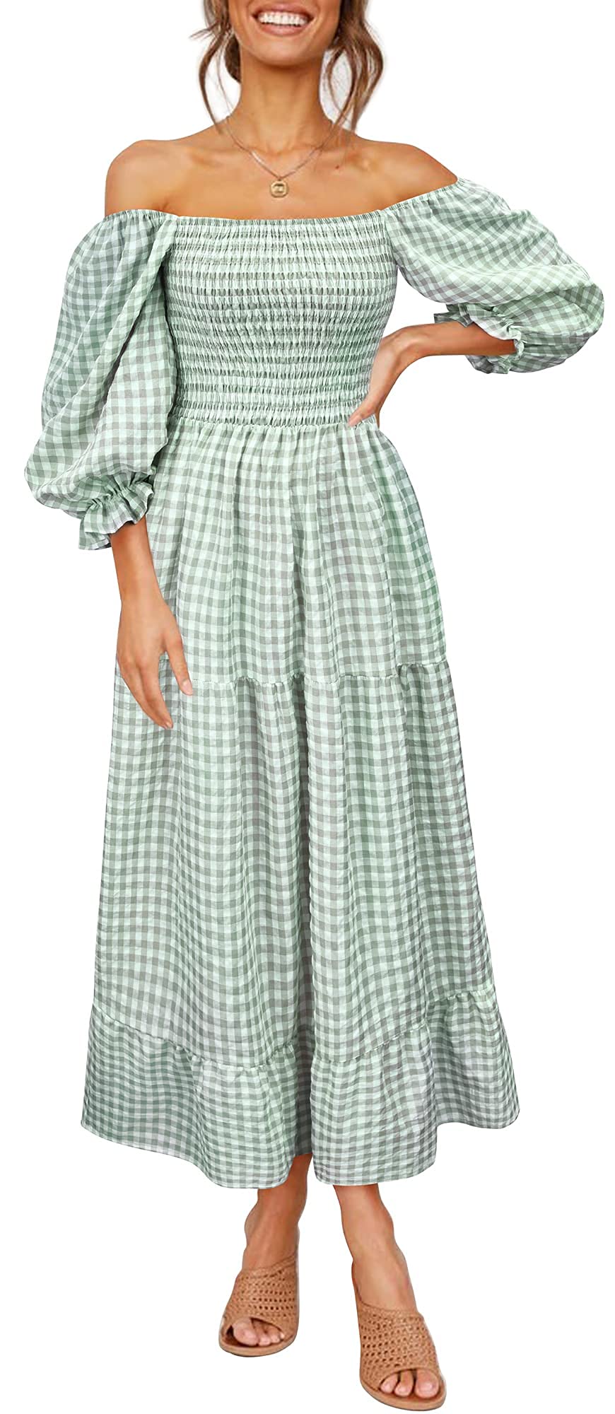 Boho Flowy Women's Dress with Puff Sleeves & Off-Shoulder Plaid Design - Elegant Ruffle Midi Dress for Wedding Guests & Summer Parties