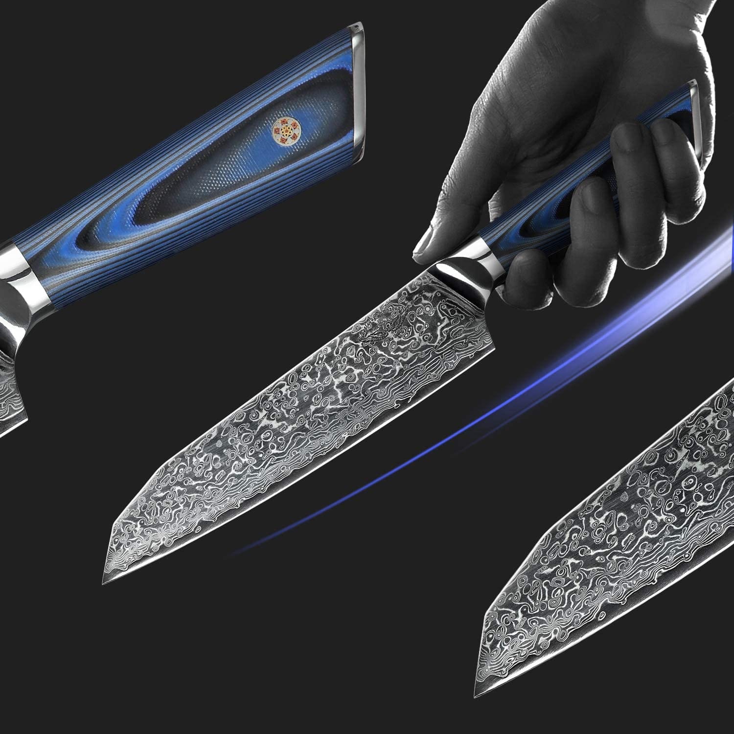 Premium 9-Piece Japanese AUS 10 Damascus Steel Knife Set with Blue G10 Handle - Professional Chef Knives for Kitchen, Sushi, Meat Cutting & Food Preparation
