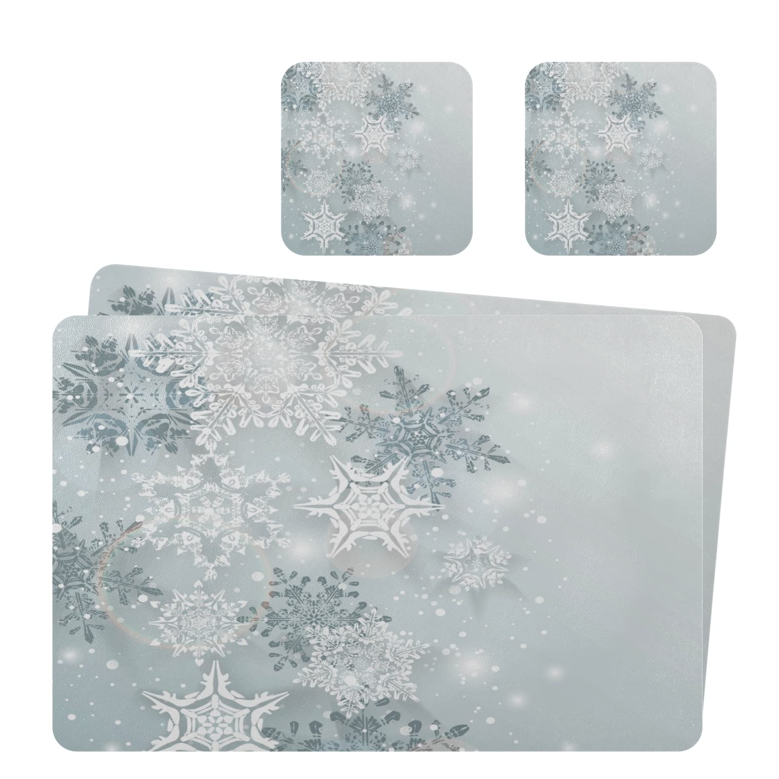 Silver Winter Christmas Placemats Set of 2 - Heat Resistant & Washable PVC Table Mats for Dining & Kitchen - Perfect for Holiday Decor and Festive Family Dinners