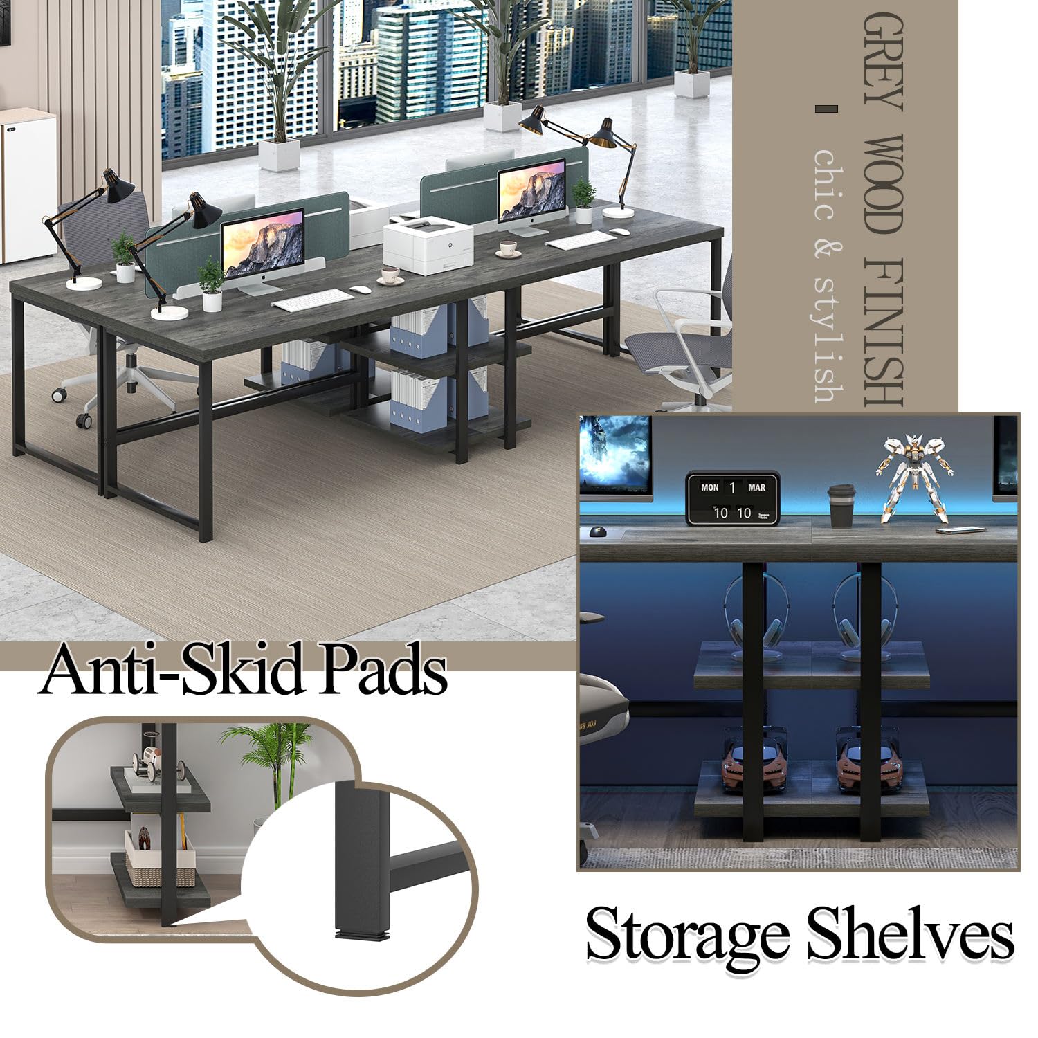 EXCEFUR 53 Inch Industrial Computer Desk with Storage Shelves - Sturdy Wood Study Writing Table for Home Office, Bedroom & Living Room - Grey | Perfect for Remote Work, Gaming & Study Spaces