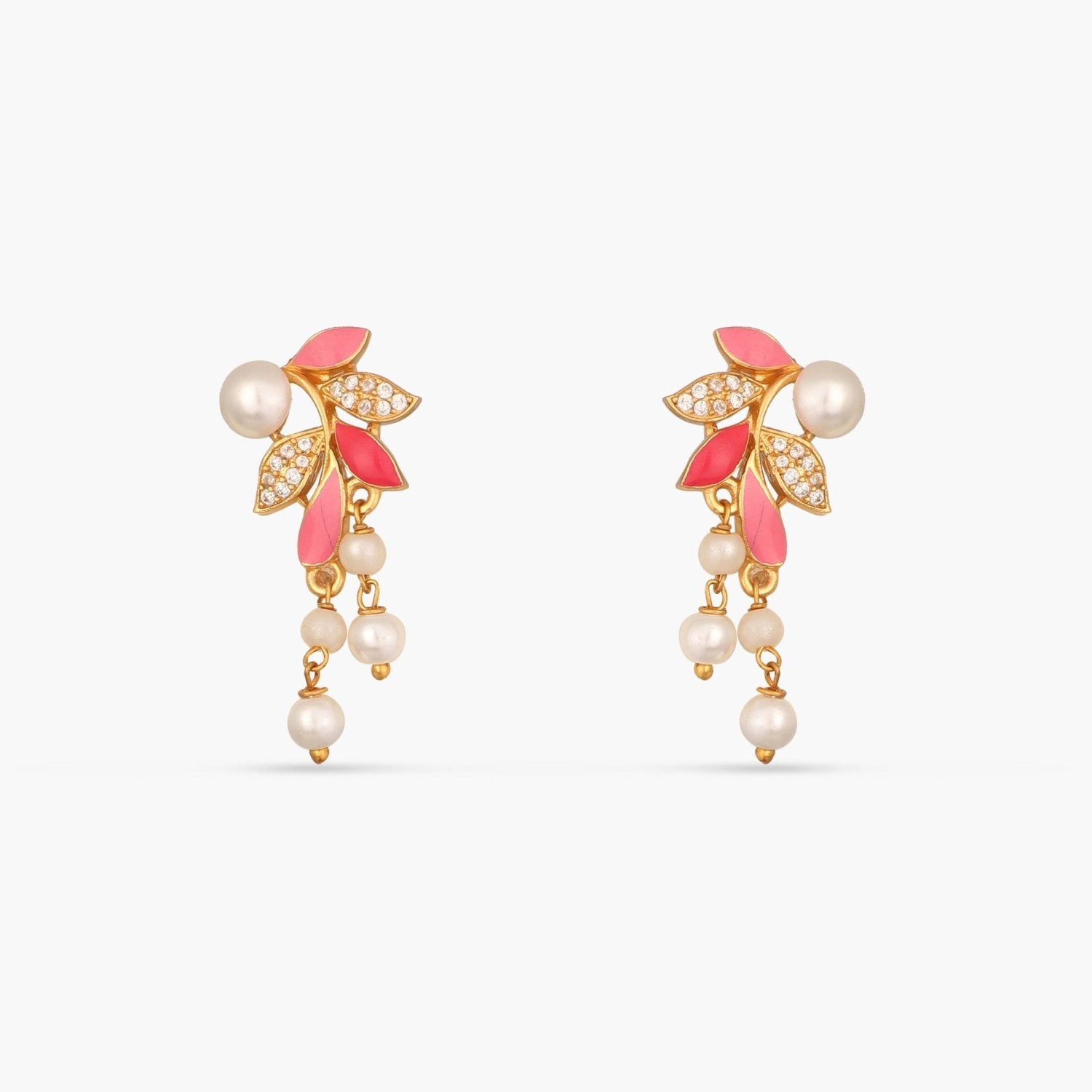 Eriha Pearl CZ Pink Leaf Drop Earrings for Women - Elegant Dangle Earrings for Party, Wedding & Evening Wear
