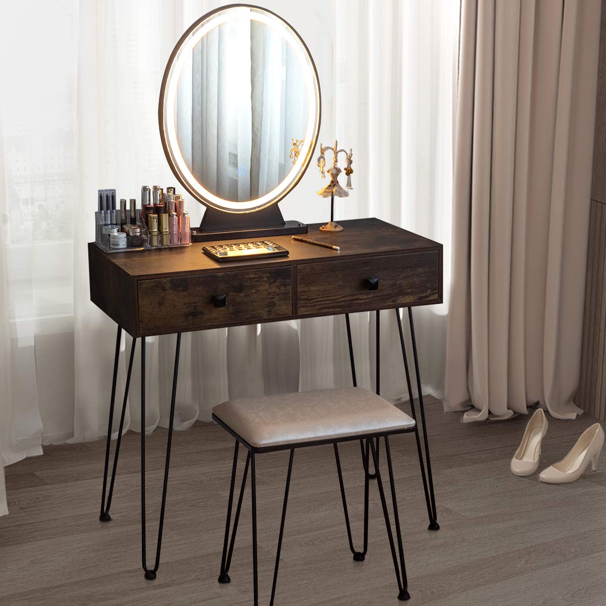Charmaid Makeup Vanity Table with LED Lighted Mirror - 3 Color Lighting Modes, Adjustable Brightness, 2 Spacious Drawers & Acrylic Organizers - Rustic Brown Dressing Table Set with Stool for Girls Bedroom | Perfect for Makeup Application, Skincare Routine & Home Decor