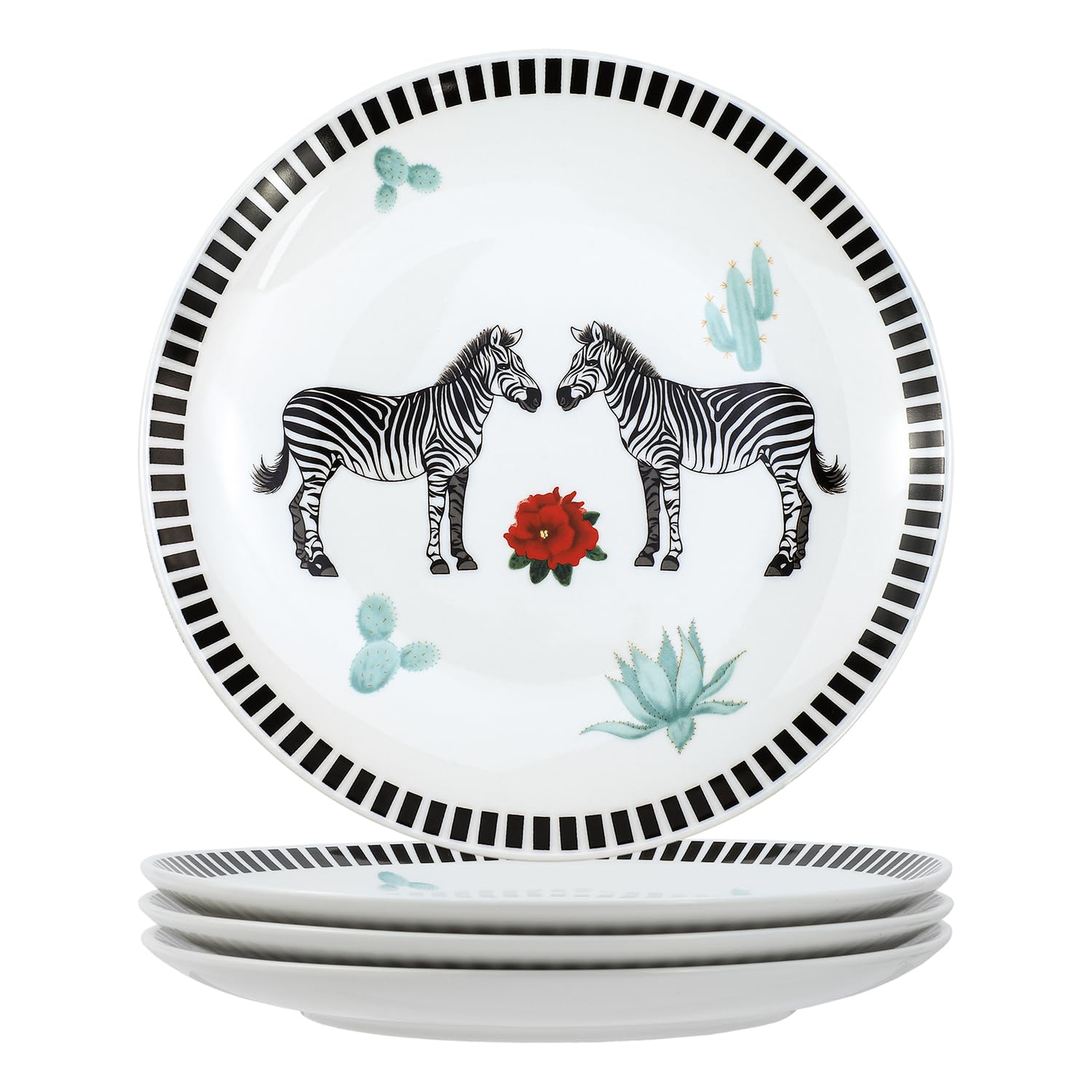 8 Inch Zebra and Cactus Pattern Ceramic Plates - Stylish Salad, Pasta, Fruit, Appetizer & Dessert Dishes - Holiday Dinnerware Set of 4 - Perfect for Christmas, Thanksgiving & Party Entertaining