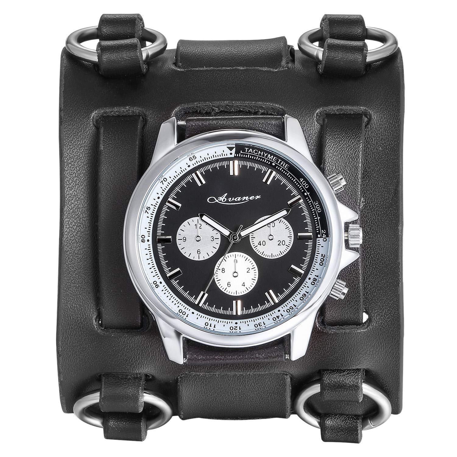 Avaner Men's Retro Steampunk Rock Black Wide Leather Bracelet Cuff Watch with Big Face Round Dial - Analog Quartz Sport Watch with Upgraded Japanese Movement - Perfect for Outdoor Adventures, Concerts & Vintage Fashion